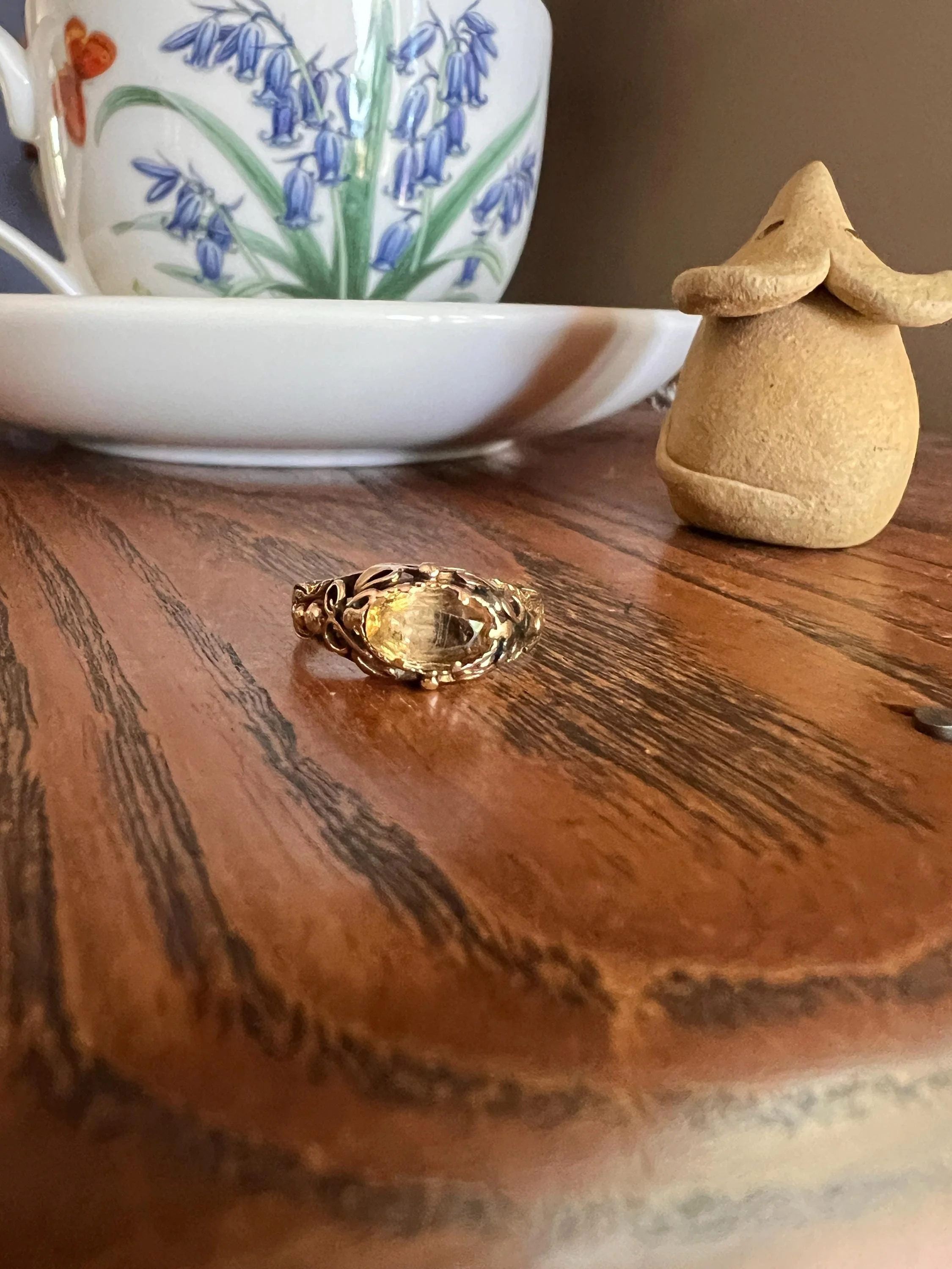 Antique GEORGIAN Old Cut Precious Golden Yellow Peach TOPAZ Ring 14k Gold Foil Back East West OVAL - Image 2