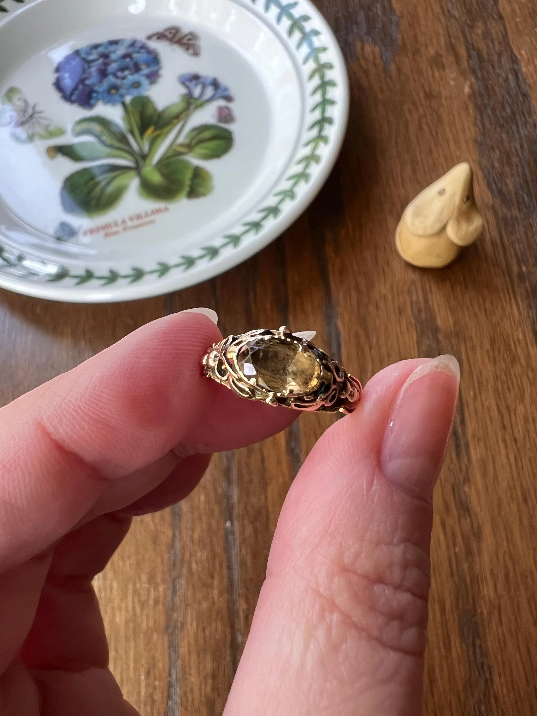 Antique GEORGIAN Old Cut Precious Golden Yellow Peach TOPAZ Ring 14k Gold Foil Back East West OVAL - Image 4