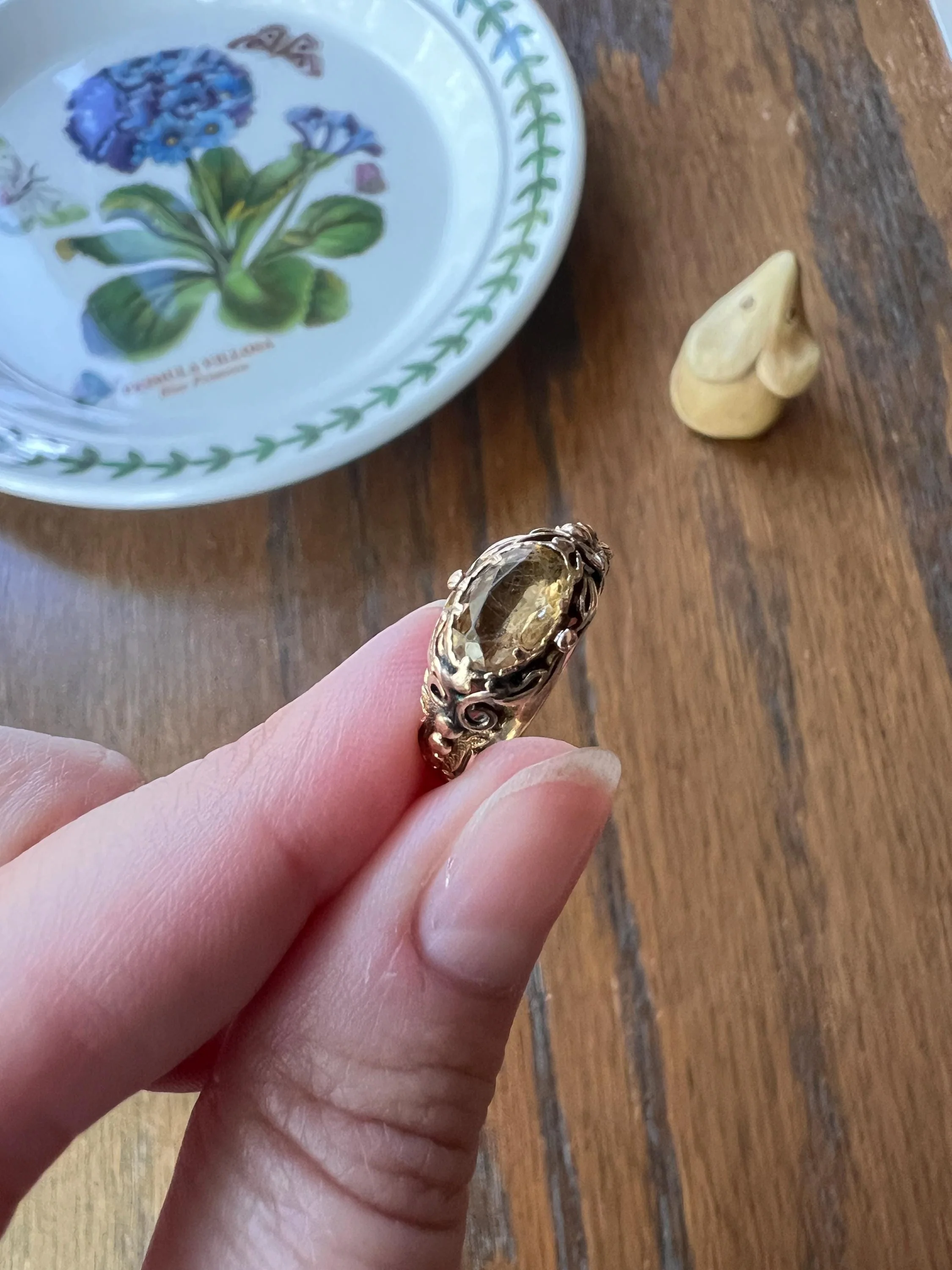 Antique GEORGIAN Old Cut Precious Golden Yellow Peach TOPAZ Ring 14k Gold Foil Back East West OVAL - Image 5