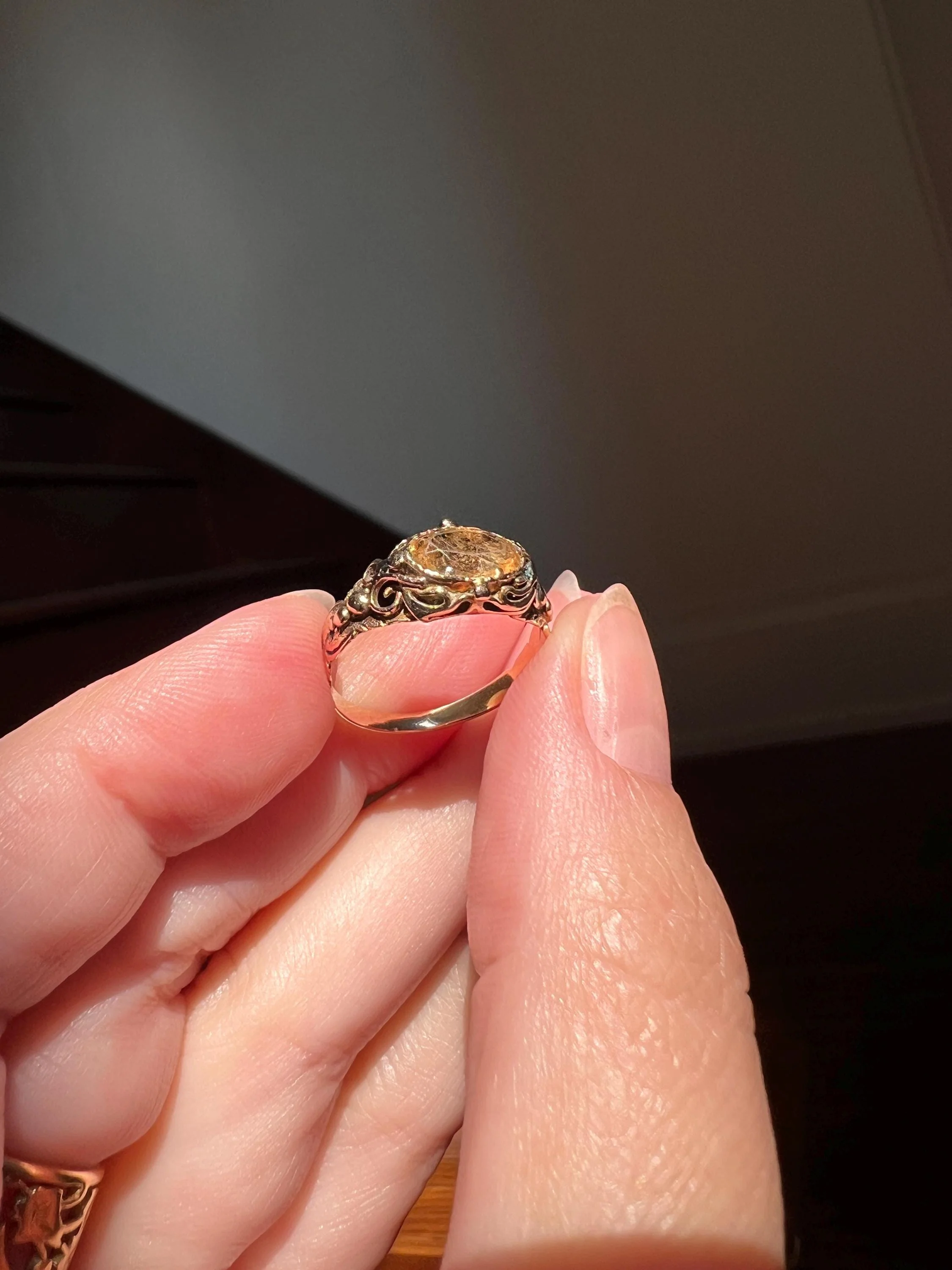 Antique GEORGIAN Old Cut Precious Golden Yellow Peach TOPAZ Ring 14k Gold Foil Back East West OVAL - Image 6