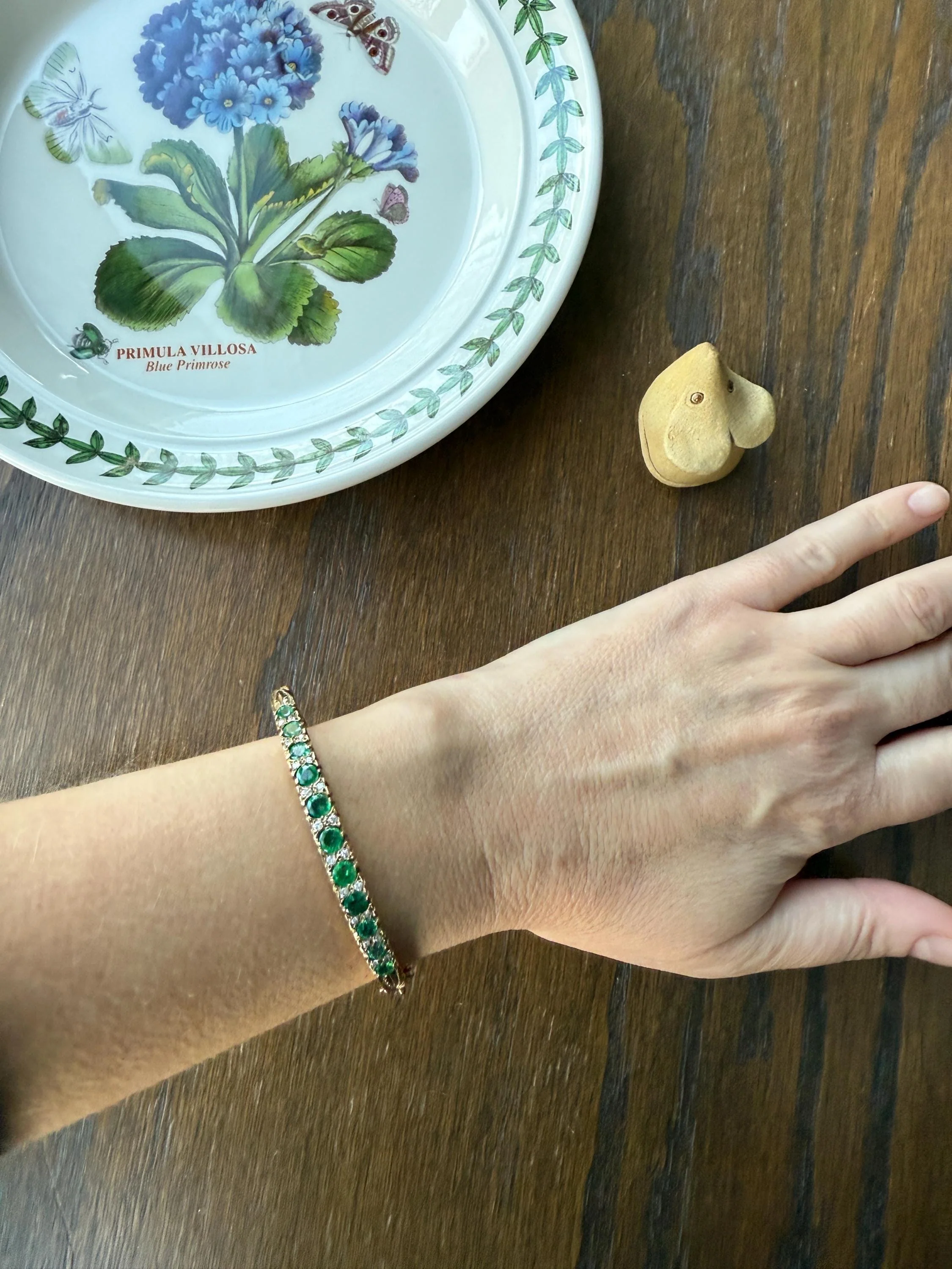 Antique Green Natural EMERALD Single Cut Diamond Hinged Bangle Bracelet 9k Gold Victorian Edwardian Ornate Swirls Not 10k - Image 10