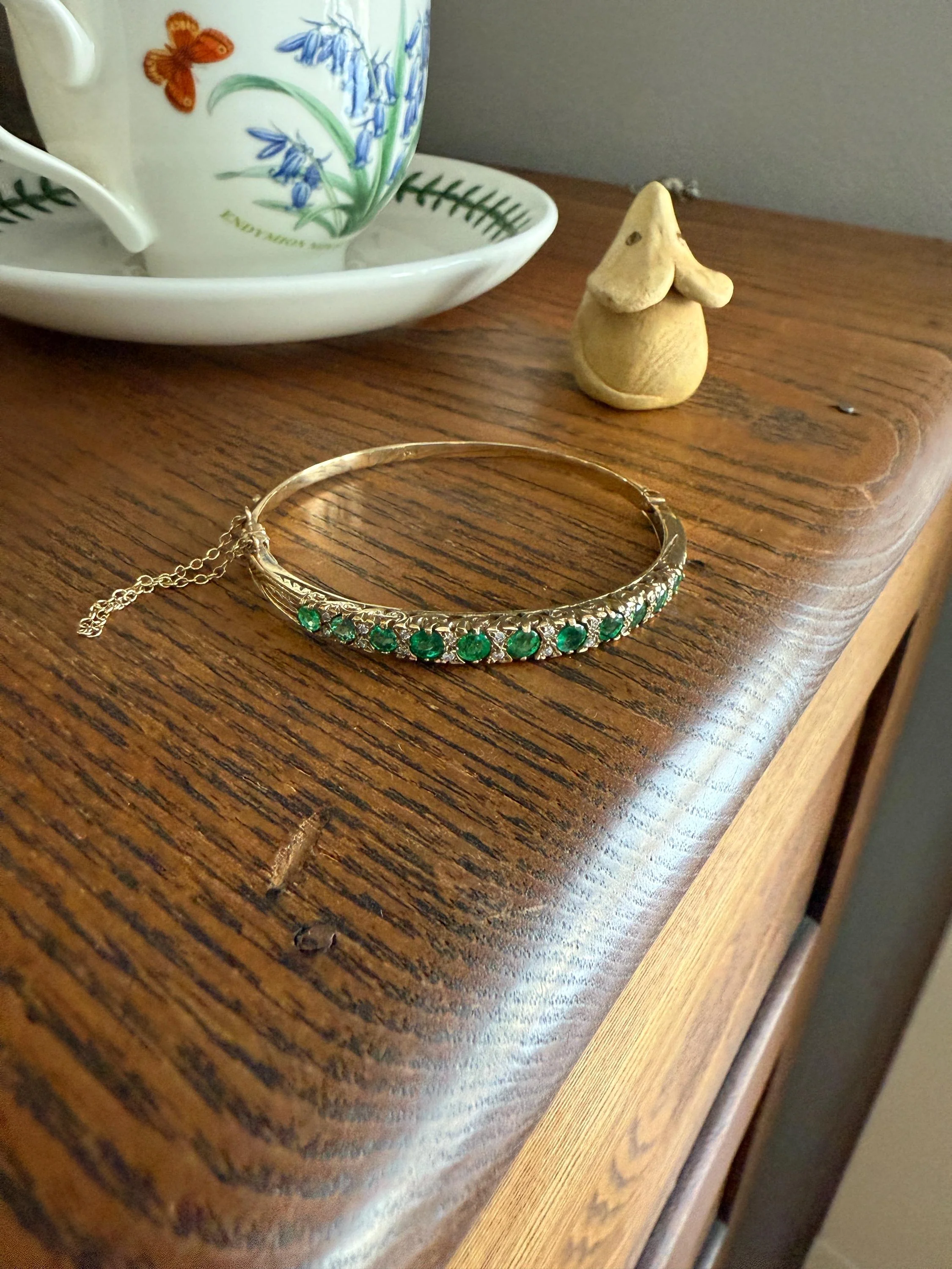 Antique Green Natural EMERALD Single Cut Diamond Hinged Bangle Bracelet 9k Gold Victorian Edwardian Ornate Swirls Not 10k - Image 9