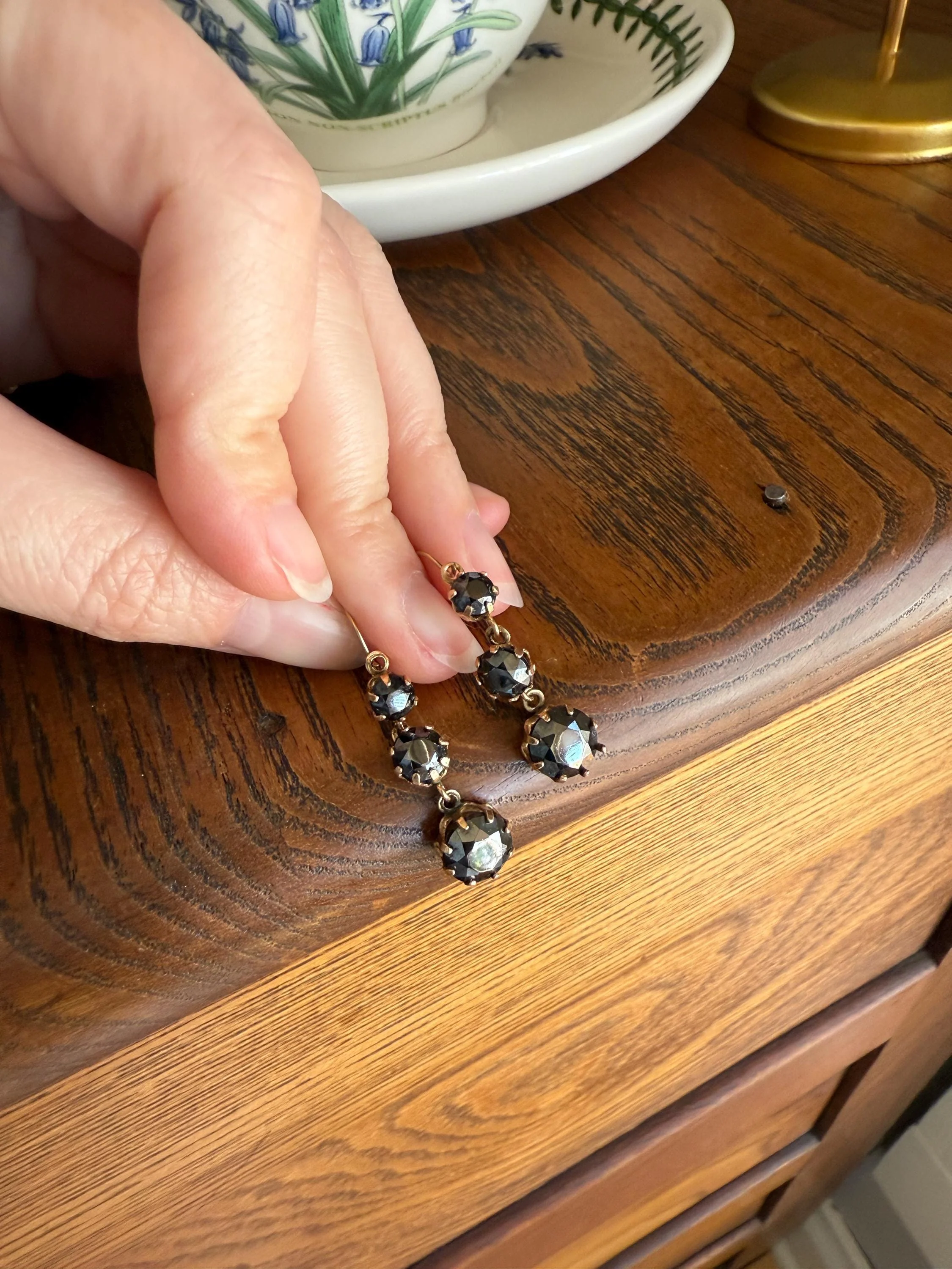 Antique HEMATITE Metallic Gray Black Victorian Line Dangle Earrings Buttercup Prongs Moody Dark 14k Gold Three Stone Drops - Image 10