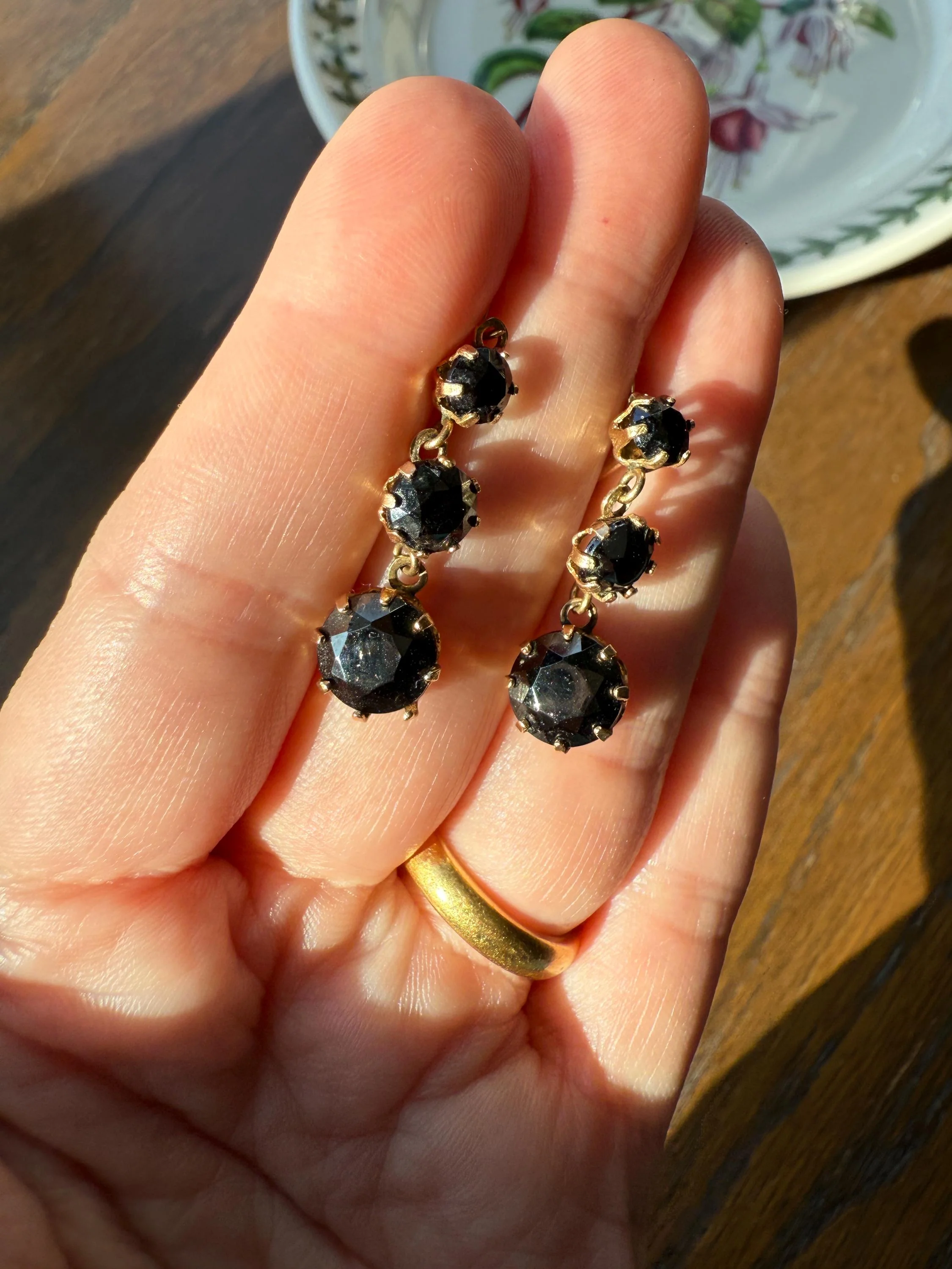 Antique HEMATITE Metallic Gray Black Victorian Line Dangle Earrings Buttercup Prongs Moody Dark 14k Gold Three Stone Drops - Image 11