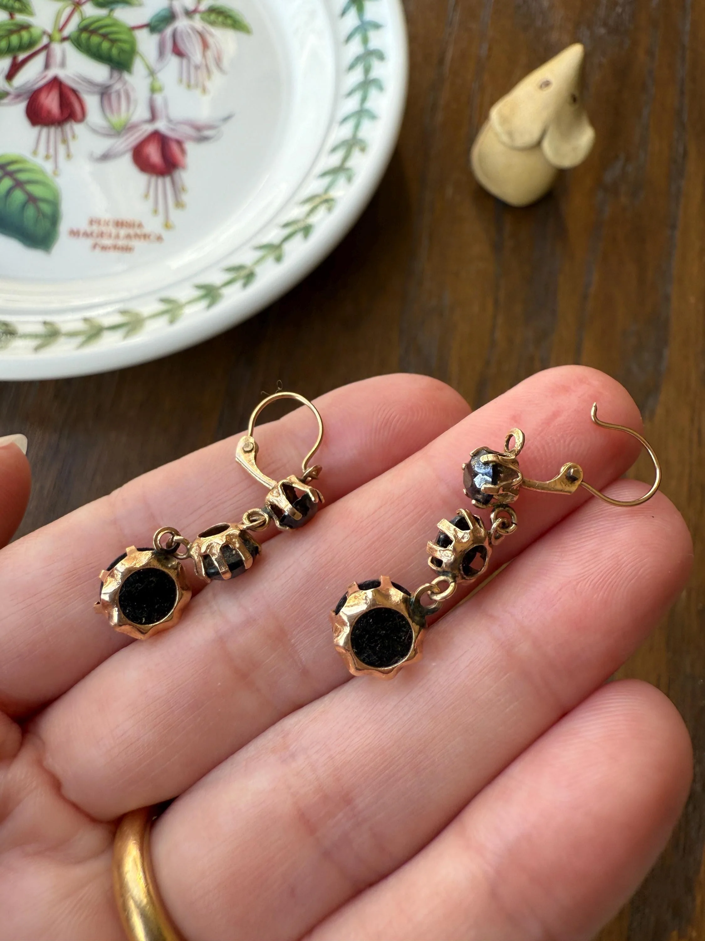 Antique HEMATITE Metallic Gray Black Victorian Line Dangle Earrings Buttercup Prongs Moody Dark 14k Gold Three Stone Drops - Image 12