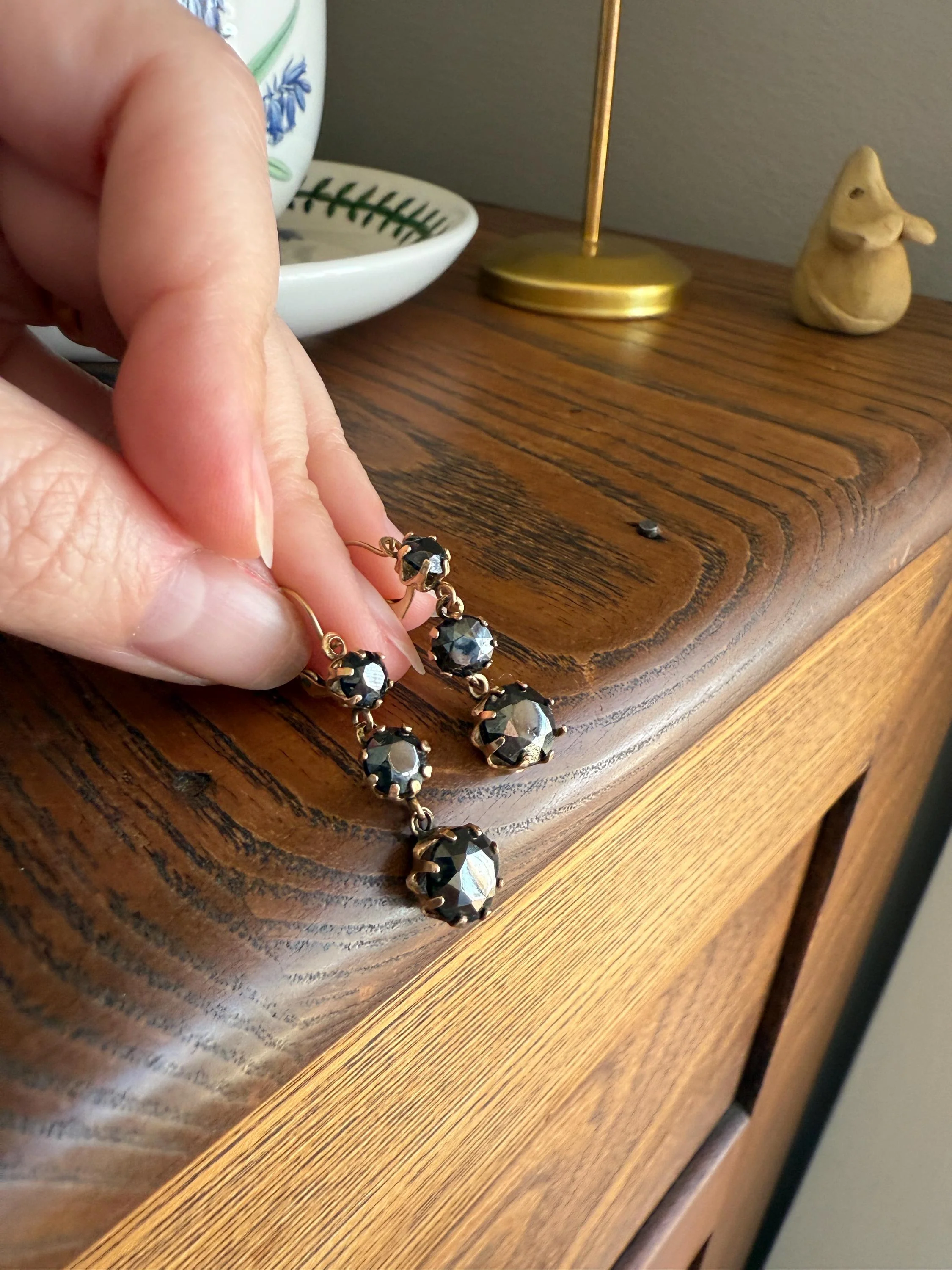 Antique HEMATITE Metallic Gray Black Victorian Line Dangle Earrings Buttercup Prongs Moody Dark 14k Gold Three Stone Drops - Image 15