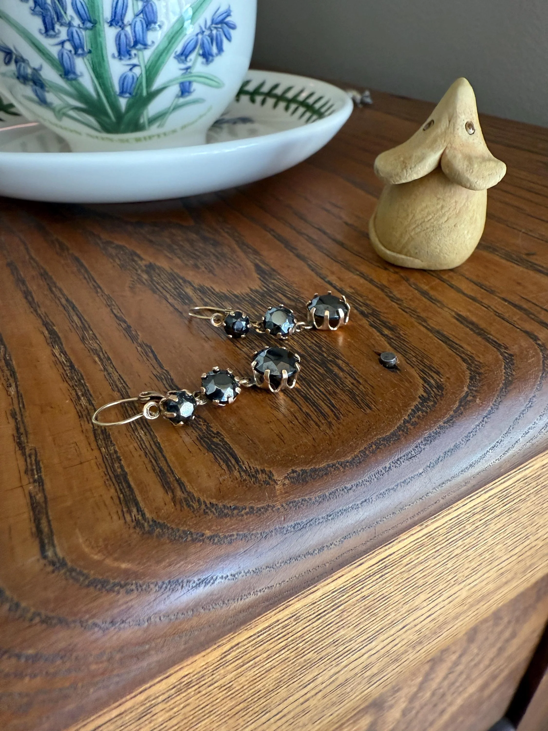 Antique HEMATITE Metallic Gray Black Victorian Line Dangle Earrings Buttercup Prongs Moody Dark 14k Gold Three Stone Drops - Image 16