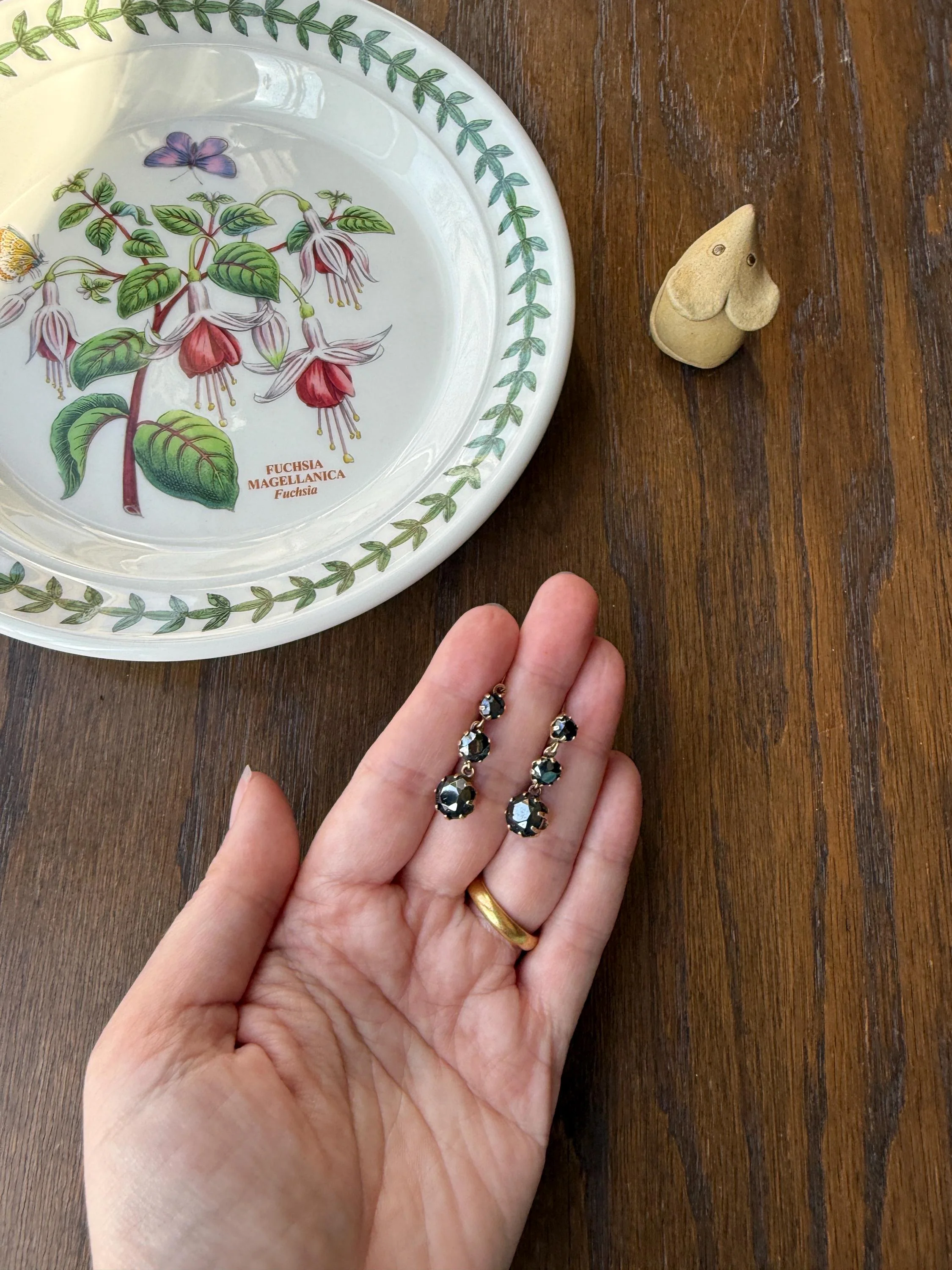 Antique HEMATITE Metallic Gray Black Victorian Line Dangle Earrings Buttercup Prongs Moody Dark 14k Gold Three Stone Drops - Image 17