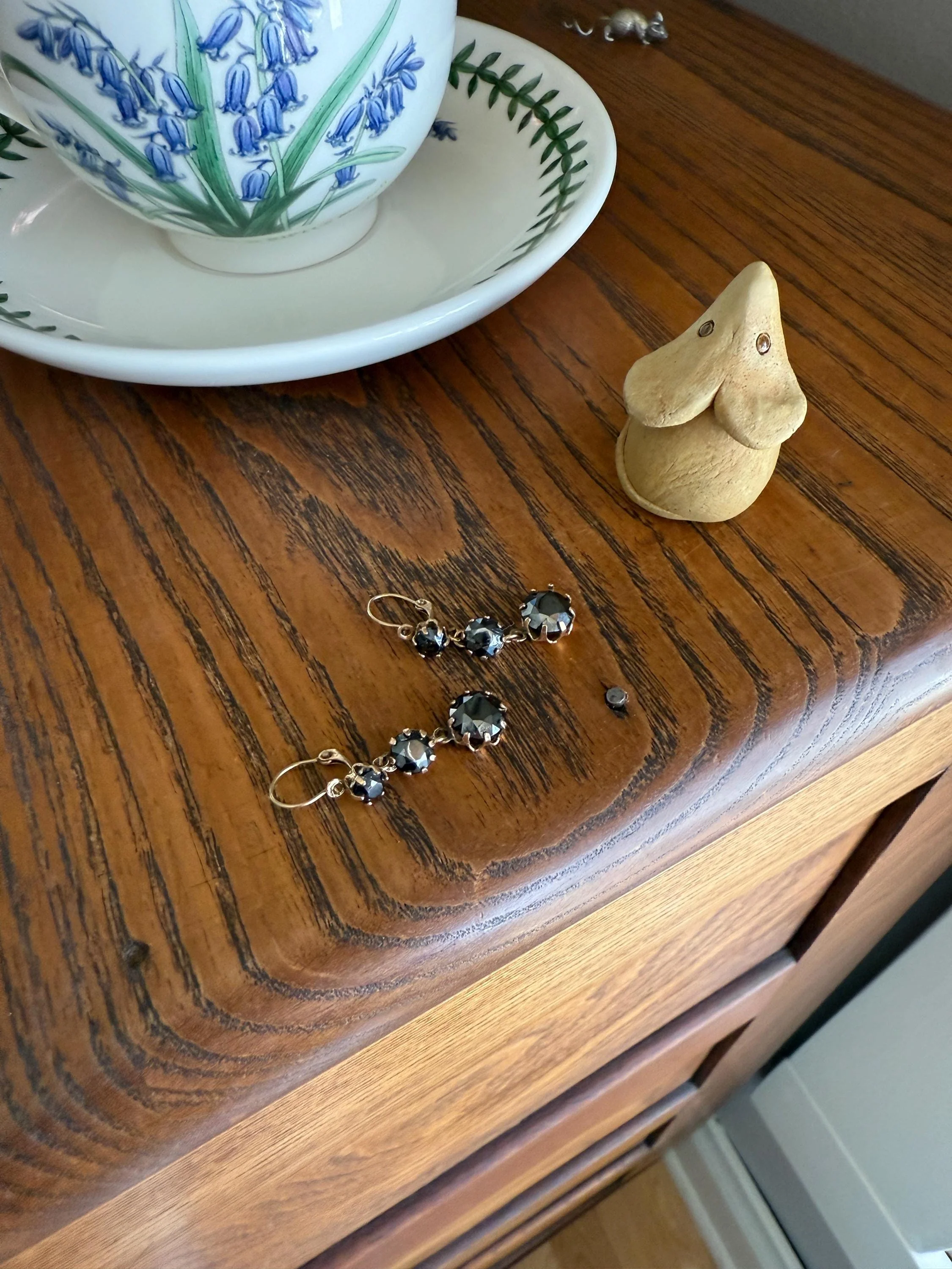 Antique HEMATITE Metallic Gray Black Victorian Line Dangle Earrings Buttercup Prongs Moody Dark 14k Gold Three Stone Drops - Image 18