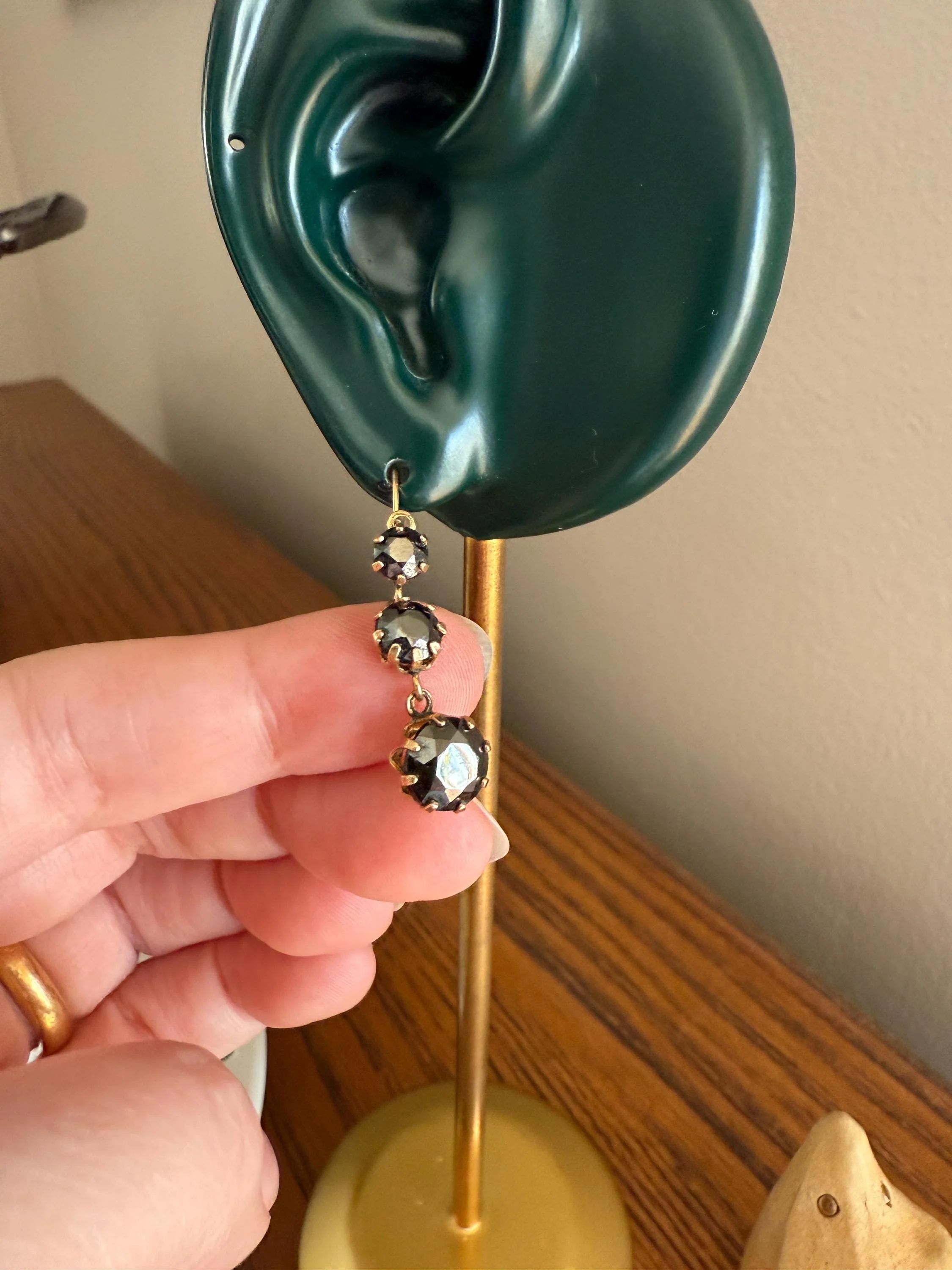 Antique HEMATITE Metallic Gray Black Victorian Line Dangle Earrings Buttercup Prongs Moody Dark 14k Gold Three Stone Drops - Image 3