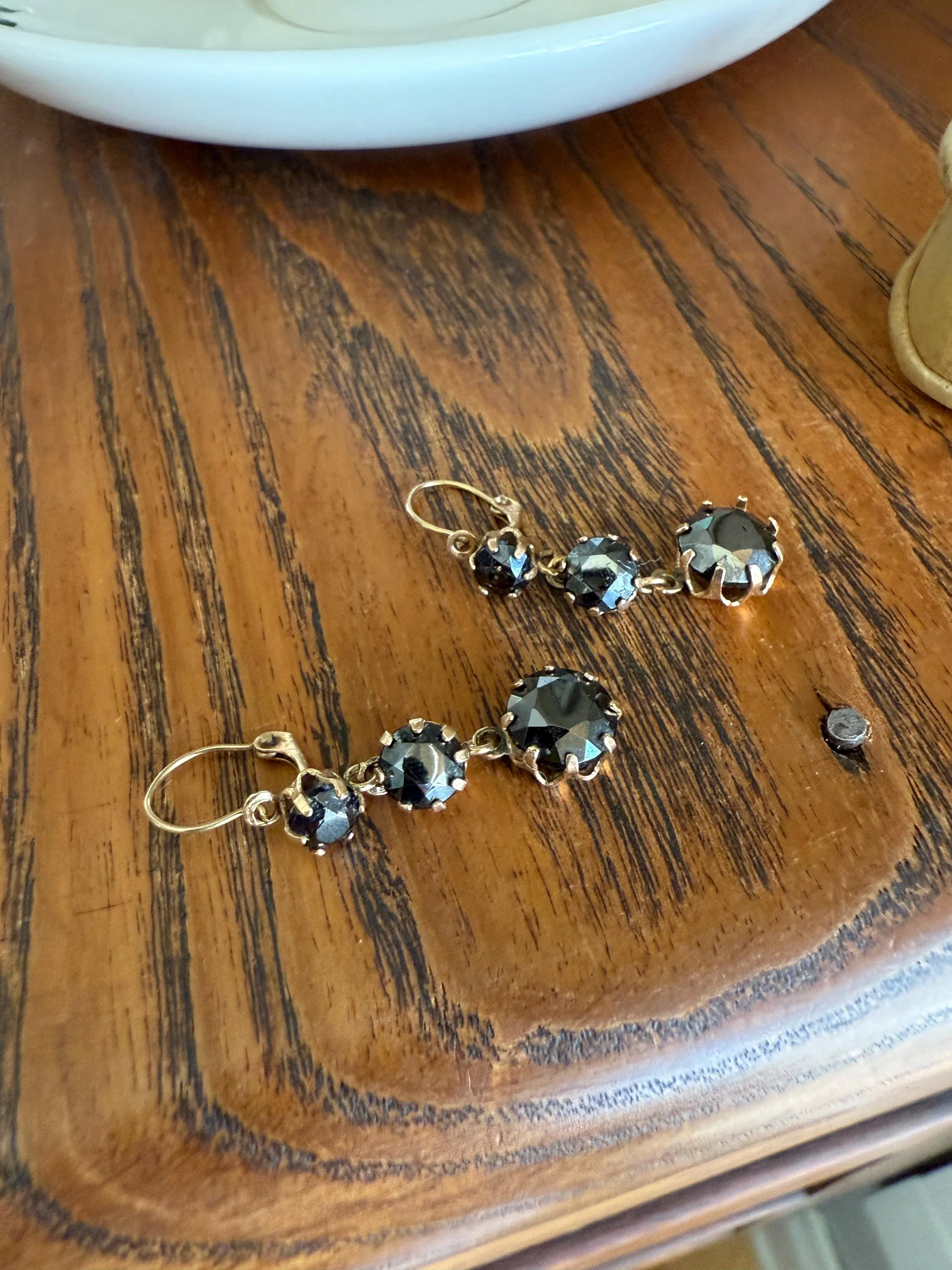 Antique HEMATITE Metallic Gray Black Victorian Line Dangle Earrings Buttercup Prongs Moody Dark 14k Gold Three Stone Drops - Image 4