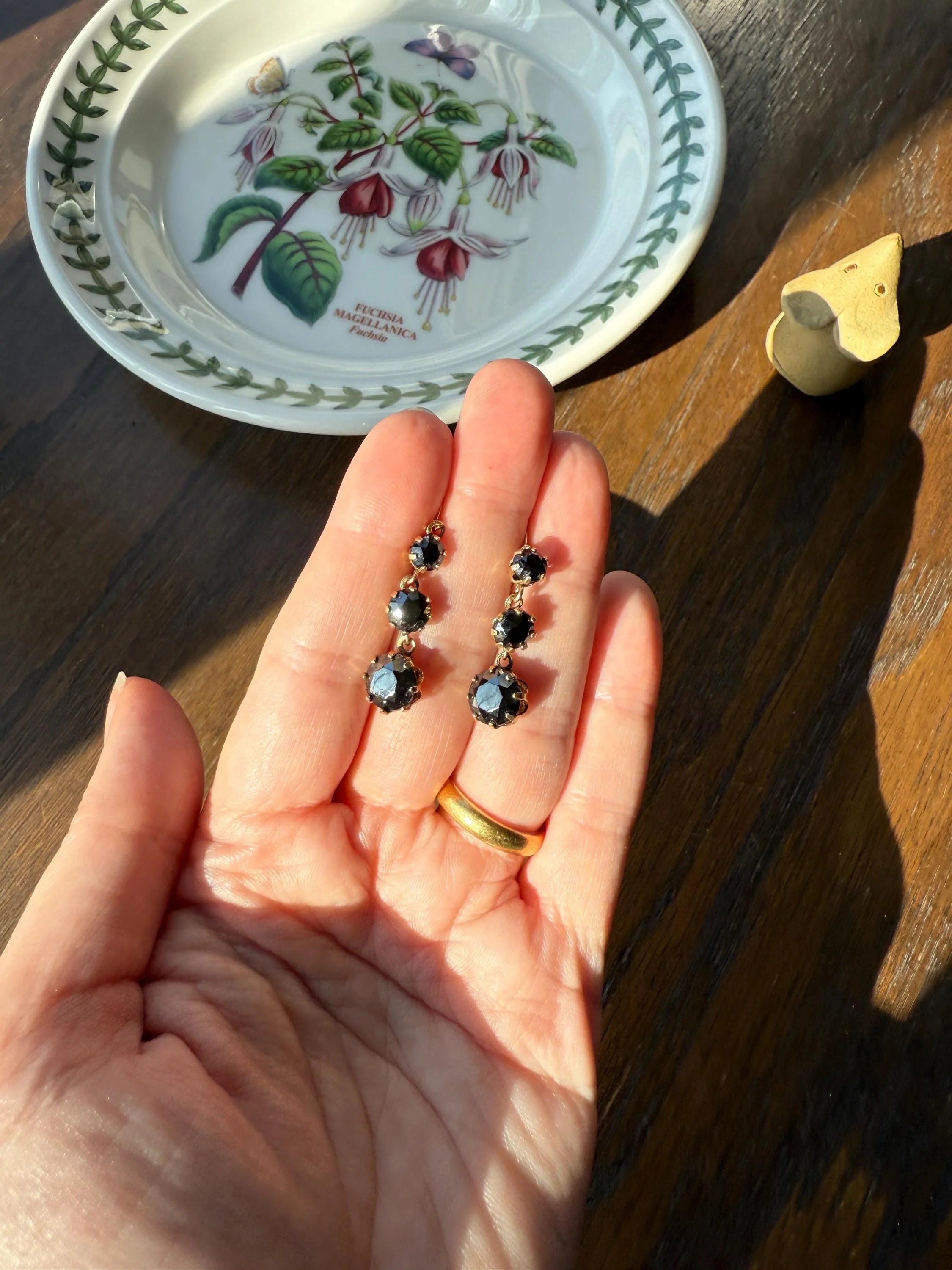 Antique HEMATITE Metallic Gray Black Victorian Line Dangle Earrings Buttercup Prongs Moody Dark 14k Gold Three Stone Drops - Image 6