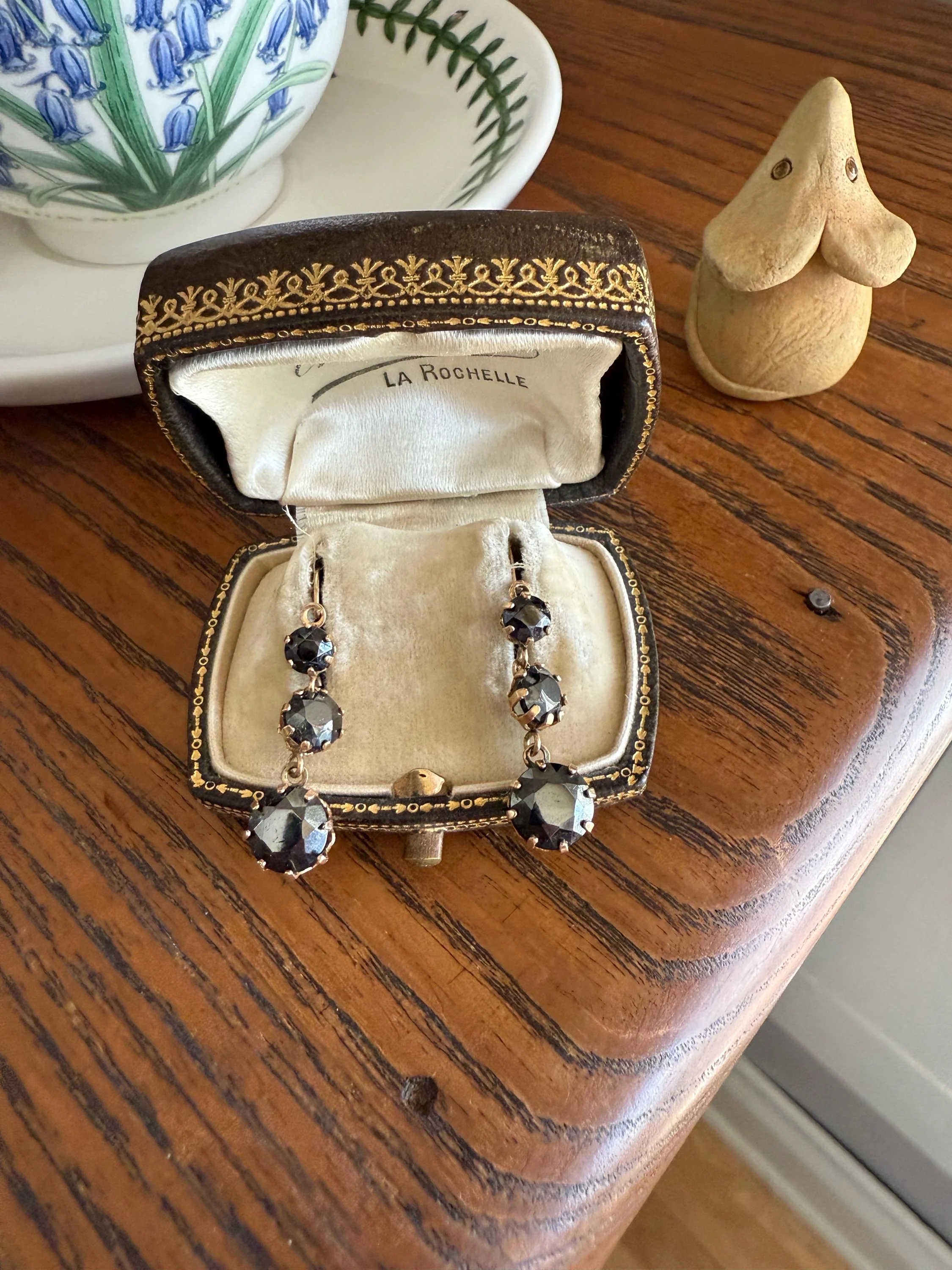 Antique HEMATITE Metallic Gray Black Victorian Line Dangle Earrings Buttercup Prongs Moody Dark 14k Gold Three Stone Drops - Image 7