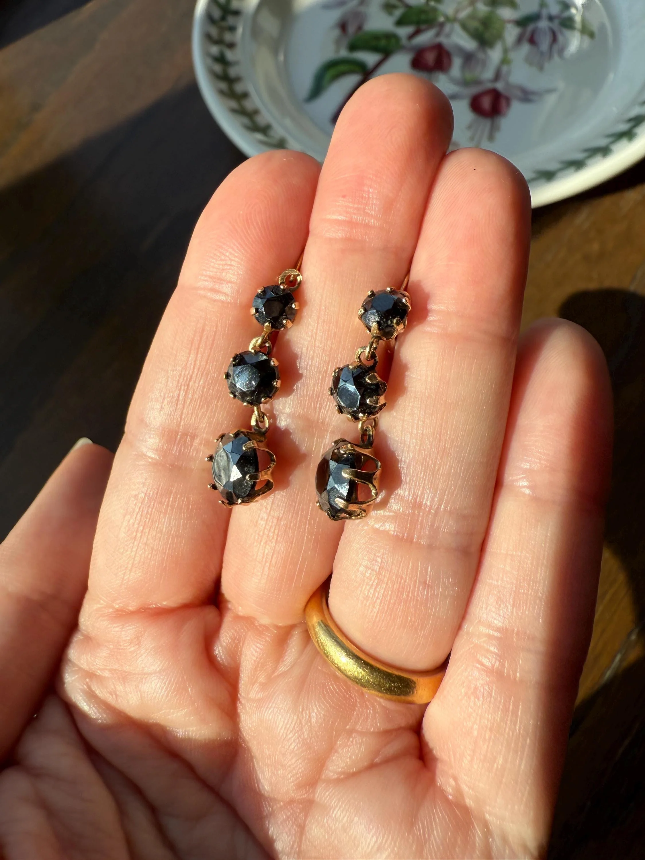 Antique HEMATITE Metallic Gray Black Victorian Line Dangle Earrings Buttercup Prongs Moody Dark 14k Gold Three Stone Drops - Image 8