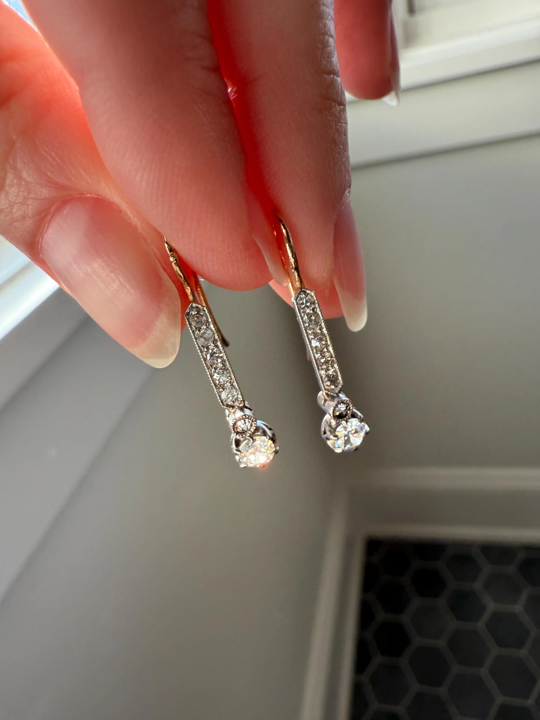 Antique Linear Old Cut DIAMOND Dangle EARRINGS 18k Gold Romantic Gift Something Old Bridal - Image 3