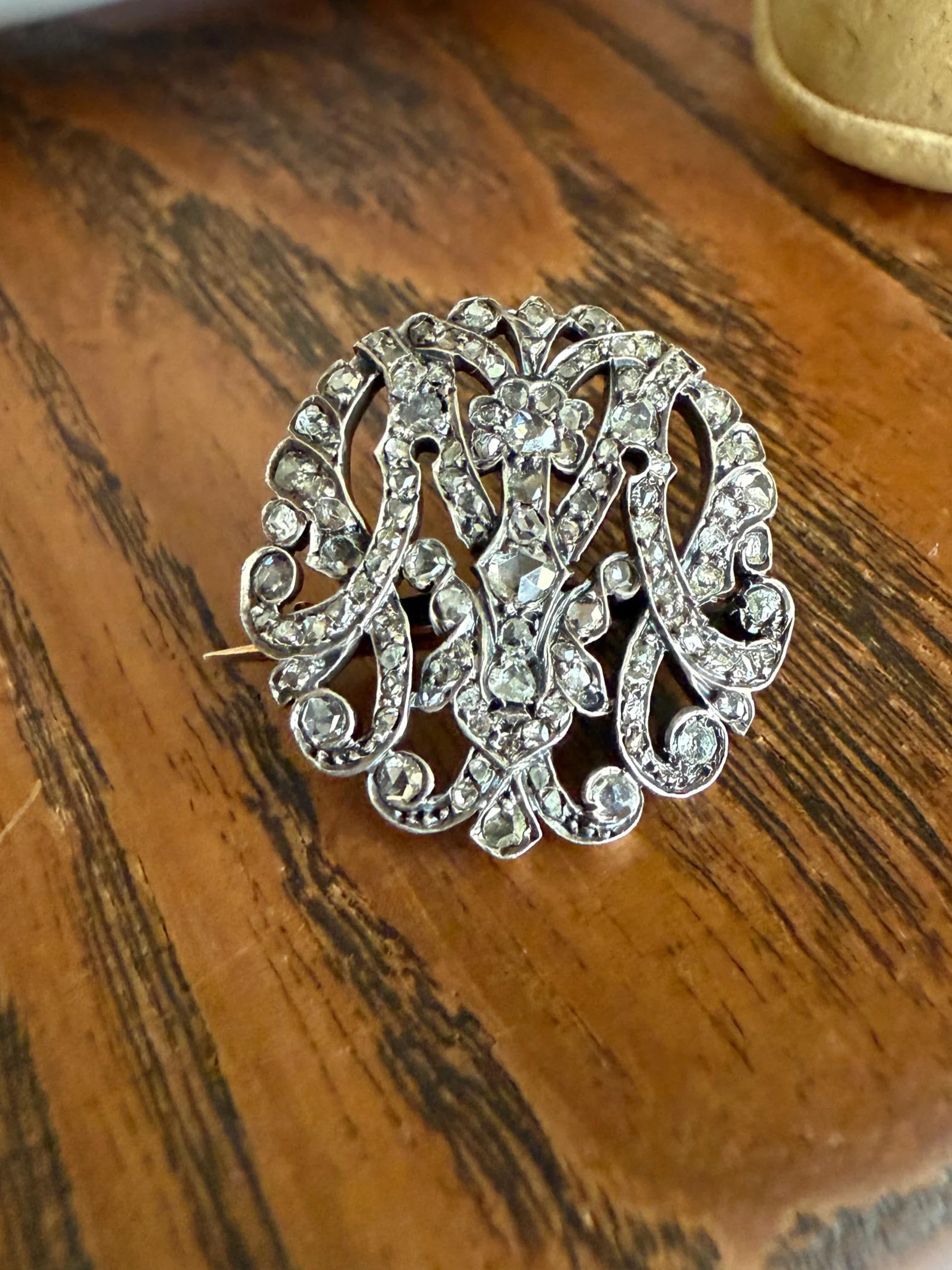 Antique M W 100 + Rose Cut Diamonds Encrusted Initial Medallion 18k Gold Silver Brooch Pin for Pendant French Figural Georgian Victorian
