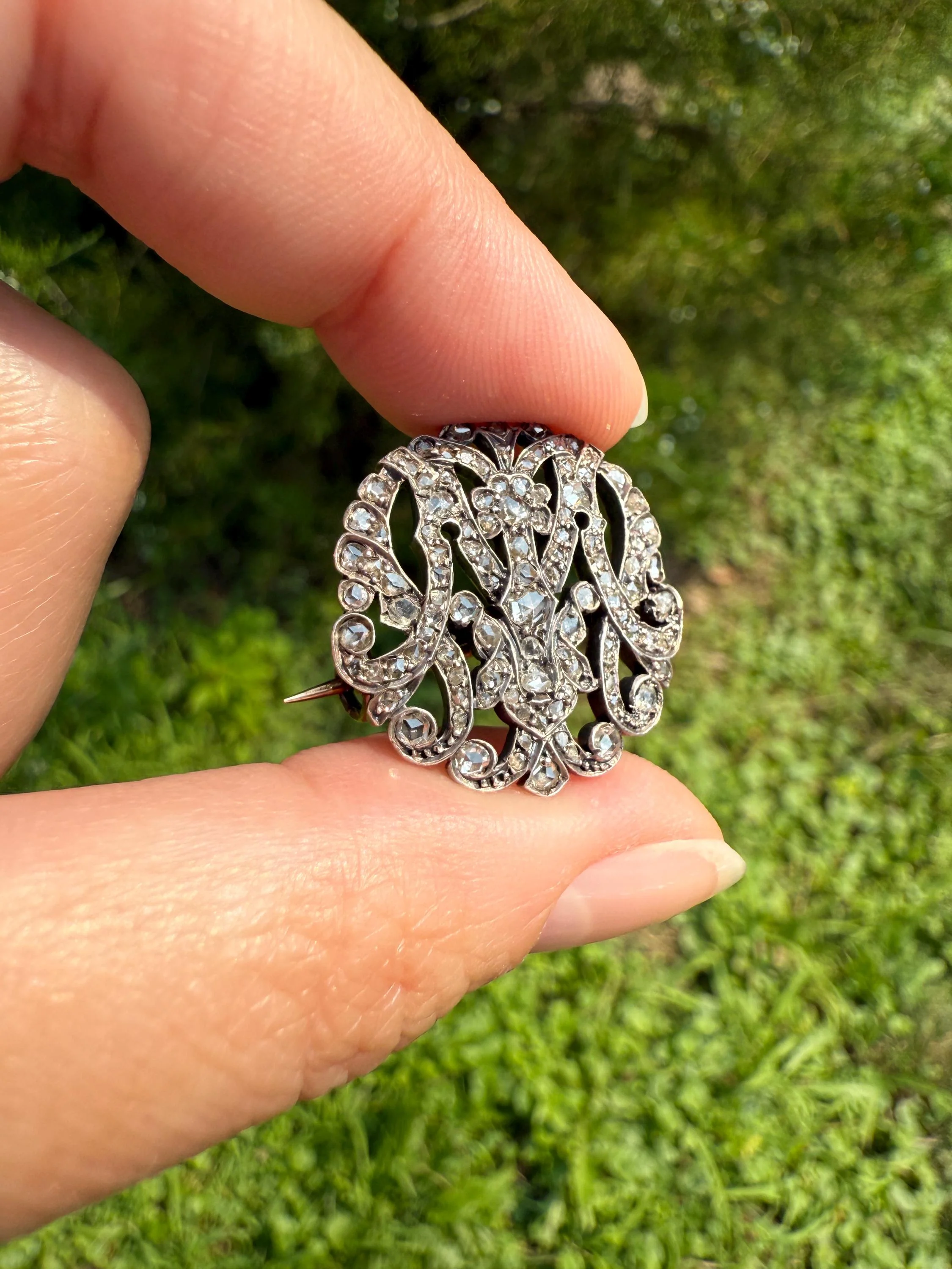 Antique M W 100 + Rose Cut Diamonds Encrusted Initial Medallion 18k Gold Silver Brooch Pin for Pendant French Figural Georgian Victorian - Image 3