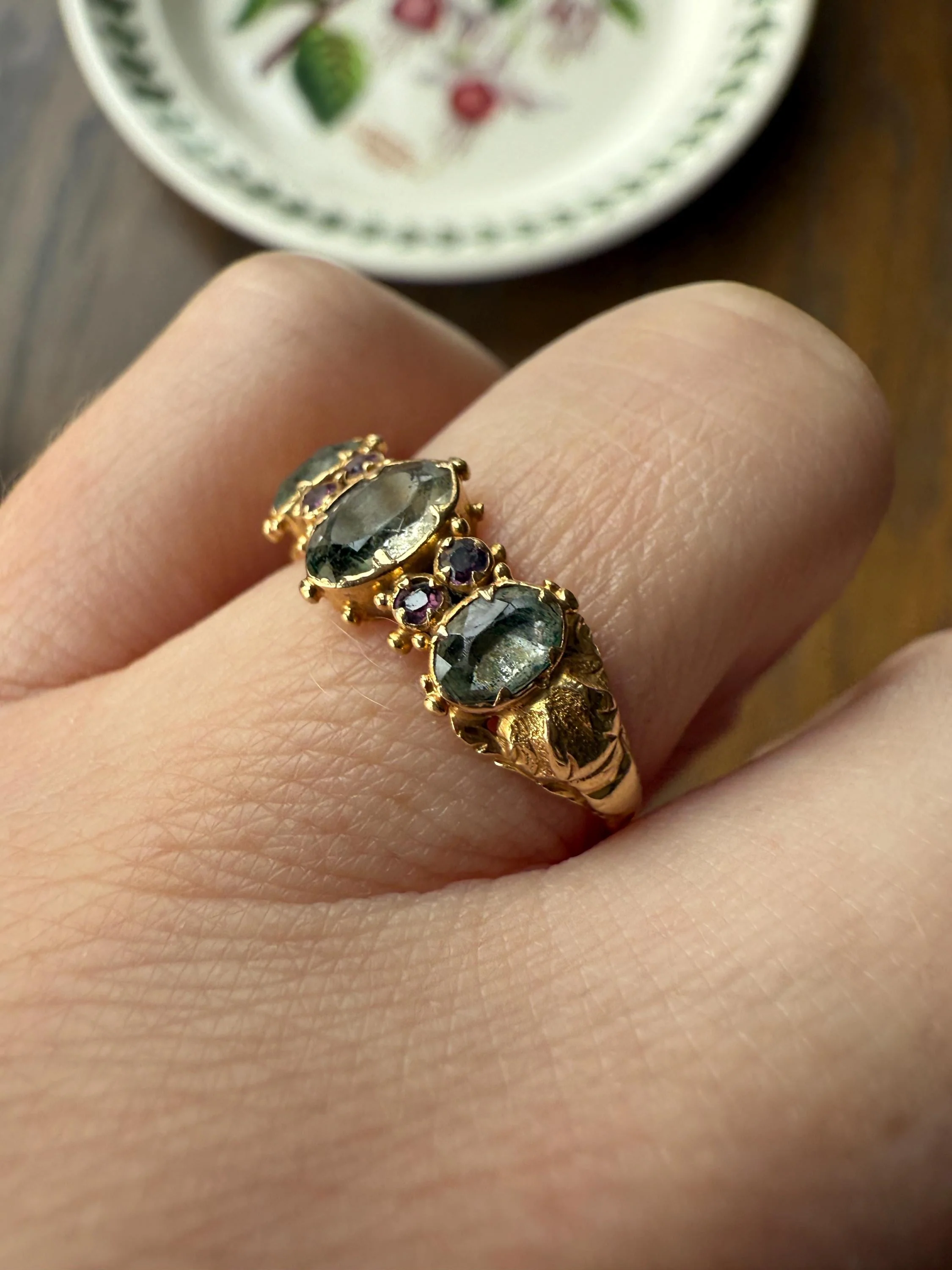 Antique Mossy Seafoam Blue Green Three Stone Georgian Era Ring with Ruby Spacers 18k Gold Solid 360 Engraved Shank Ball Rivet Halos - Image 10