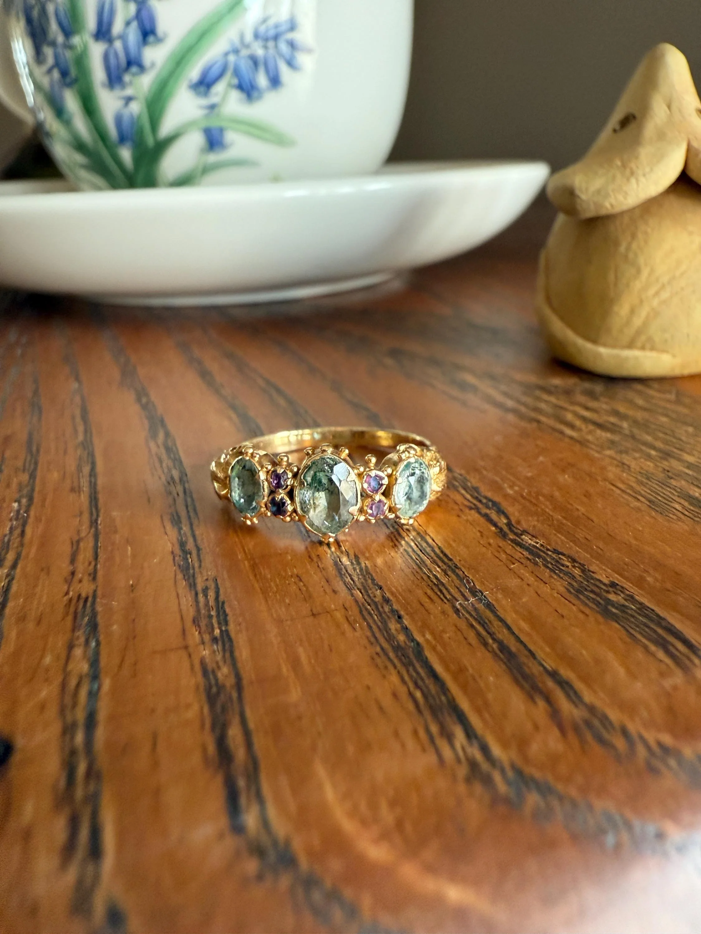 Antique Mossy Seafoam Blue Green Three Stone Georgian Era Ring with Ruby Spacers 18k Gold Solid 360 Engraved Shank Ball Rivet Halos - Image 11