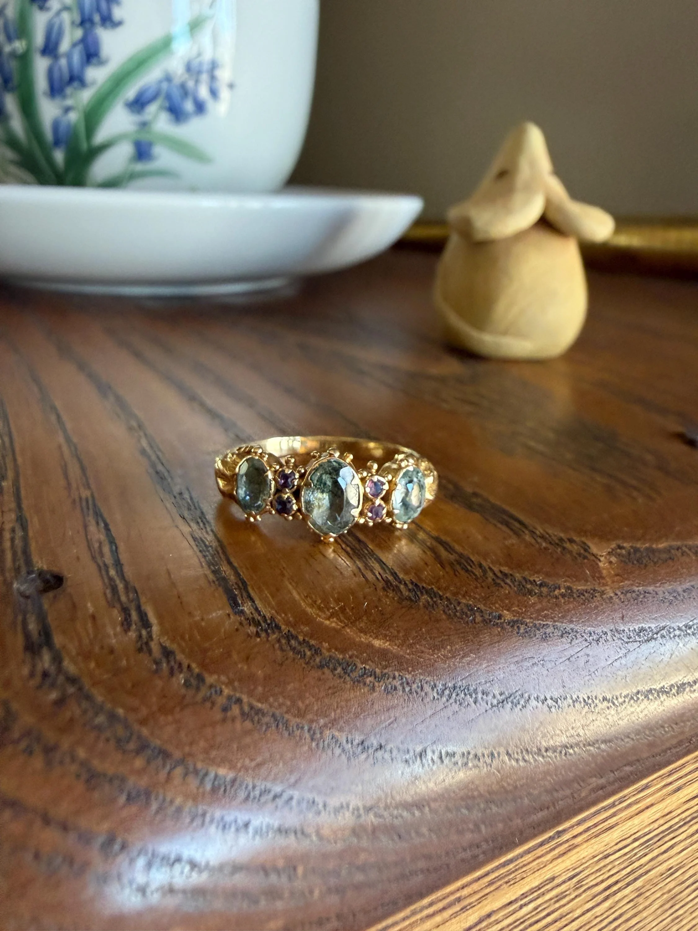 Antique Mossy Seafoam Blue Green Three Stone Georgian Era Ring with Ruby Spacers 18k Gold Solid 360 Engraved Shank Ball Rivet Halos - Image 12