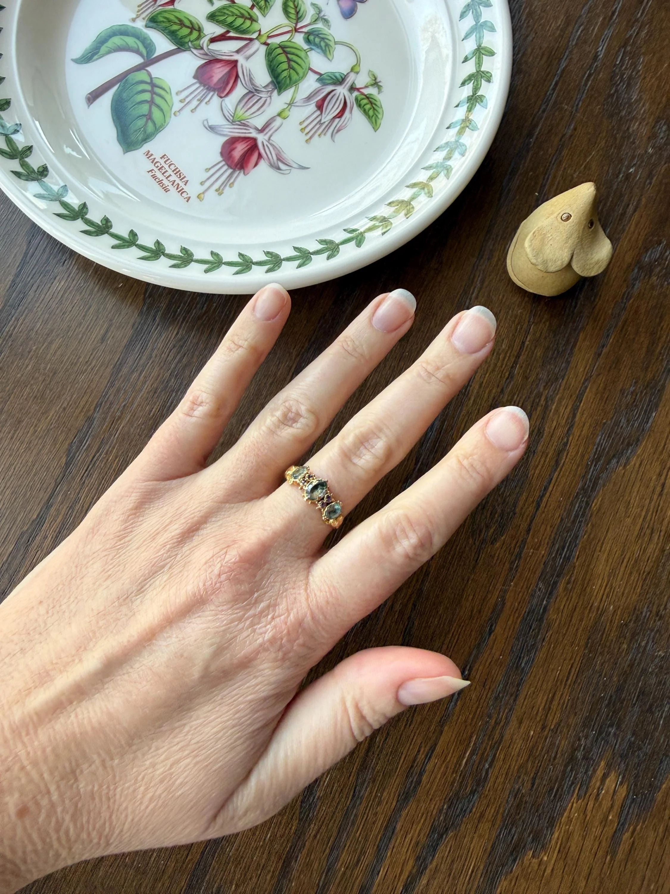 Antique Mossy Seafoam Blue Green Three Stone Georgian Era Ring with Ruby Spacers 18k Gold Solid 360 Engraved Shank Ball Rivet Halos - Image 13