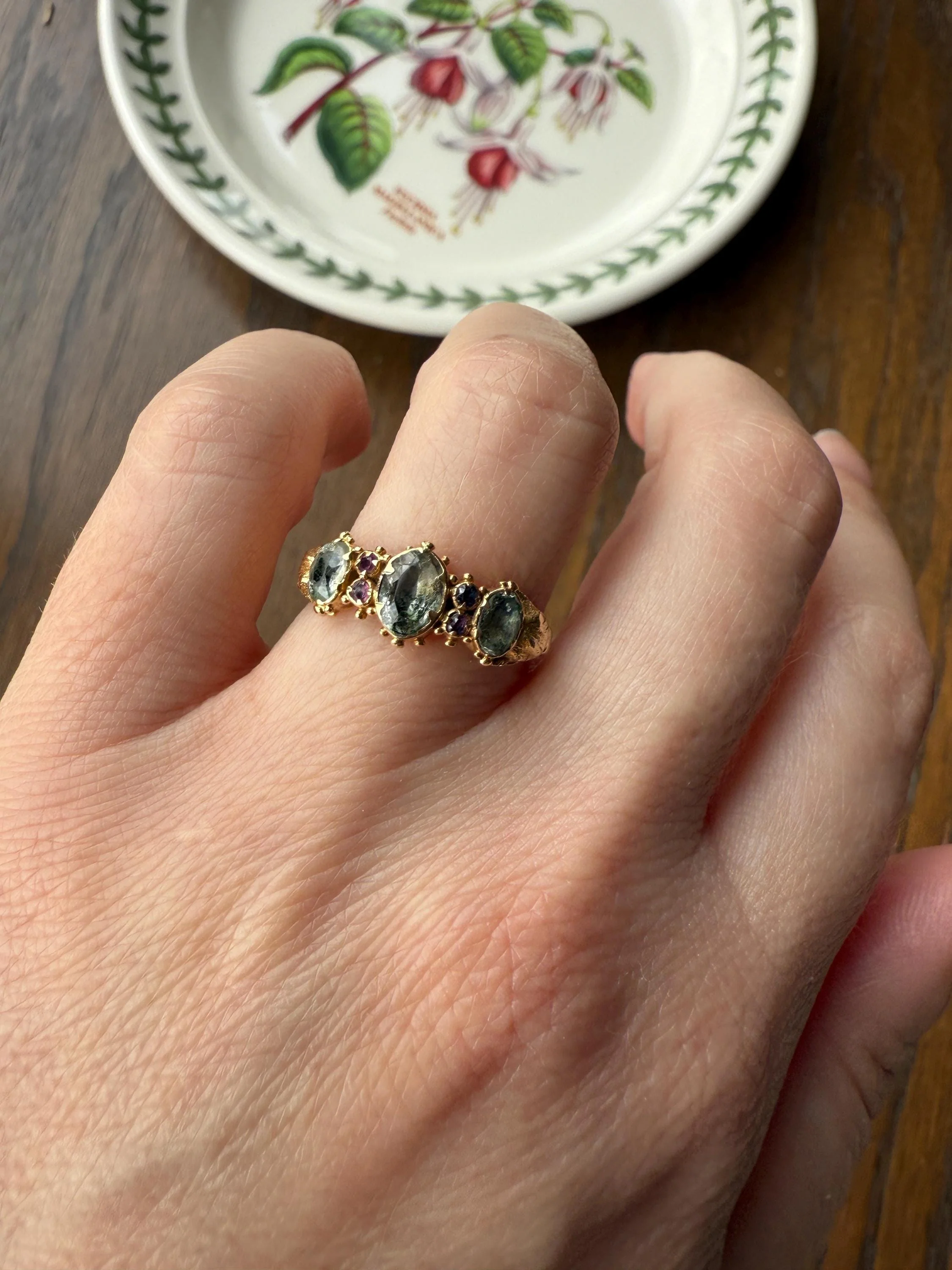 Antique Mossy Seafoam Blue Green Three Stone Georgian Era Ring with Ruby Spacers 18k Gold Solid 360 Engraved Shank Ball Rivet Halos - Image 14