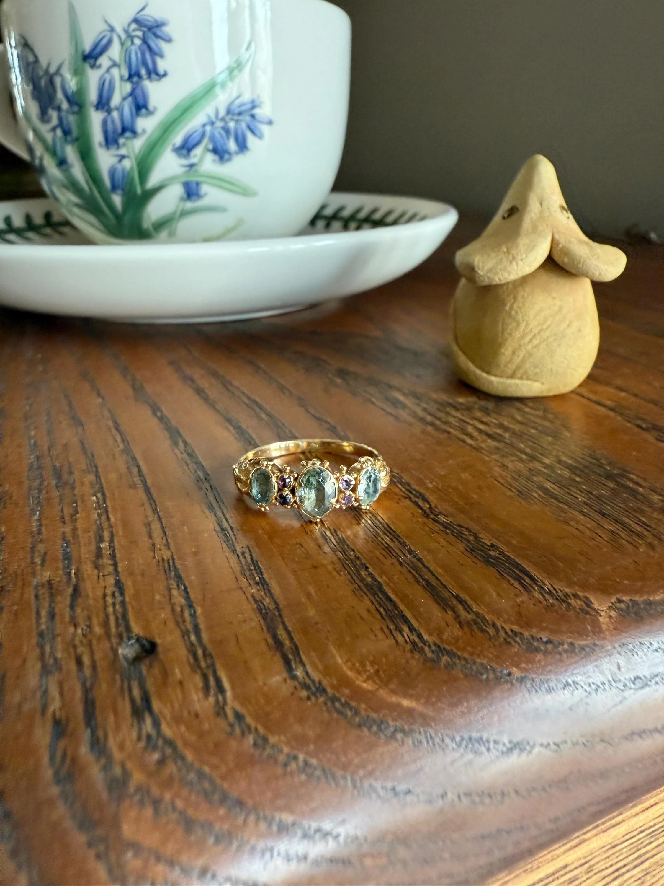 Antique Mossy Seafoam Blue Green Three Stone Georgian Era Ring with Ruby Spacers 18k Gold Solid 360 Engraved Shank Ball Rivet Halos - Image 15