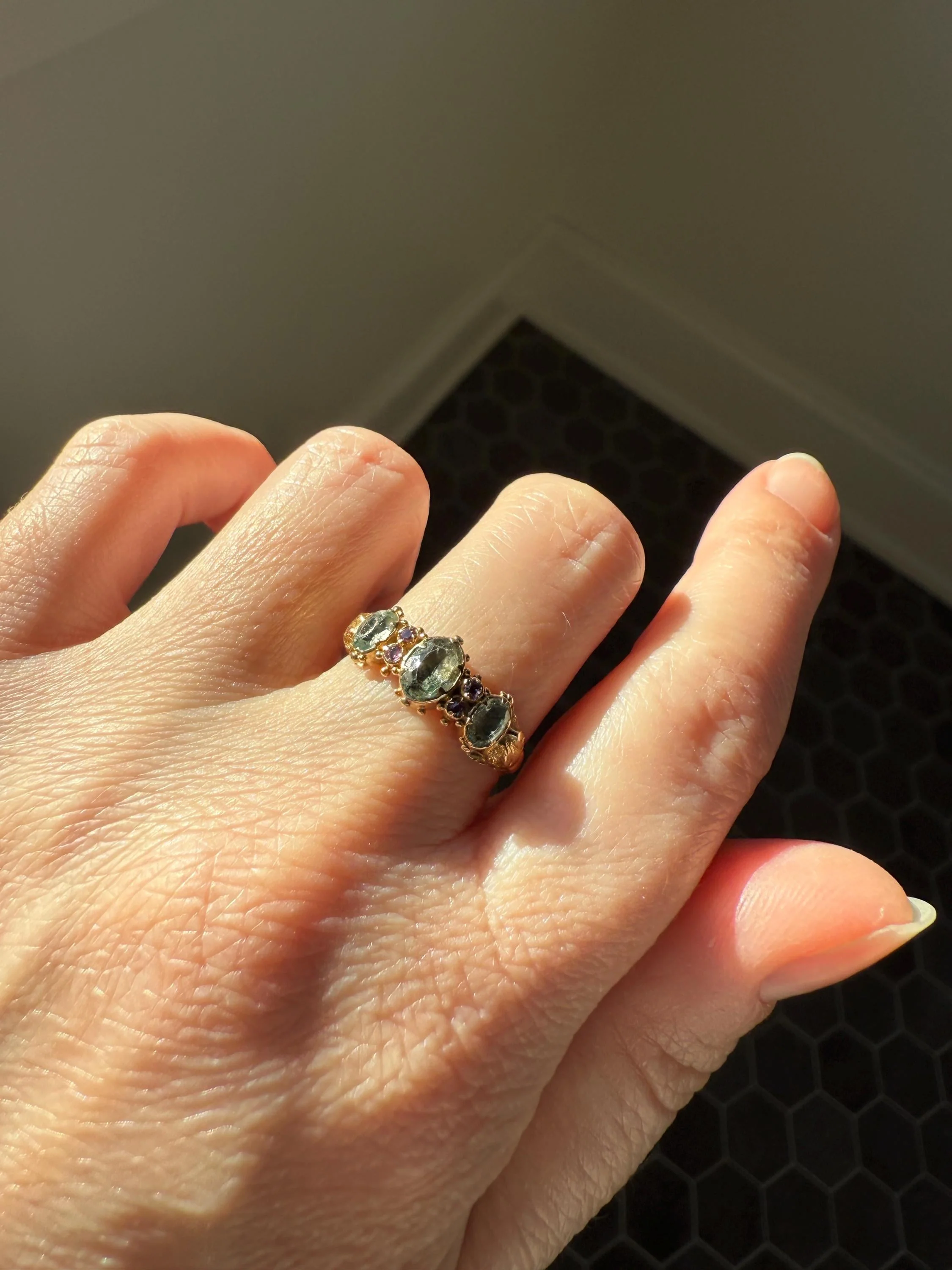 Antique Mossy Seafoam Blue Green Three Stone Georgian Era Ring with Ruby Spacers 18k Gold Solid 360 Engraved Shank Ball Rivet Halos - Image 16