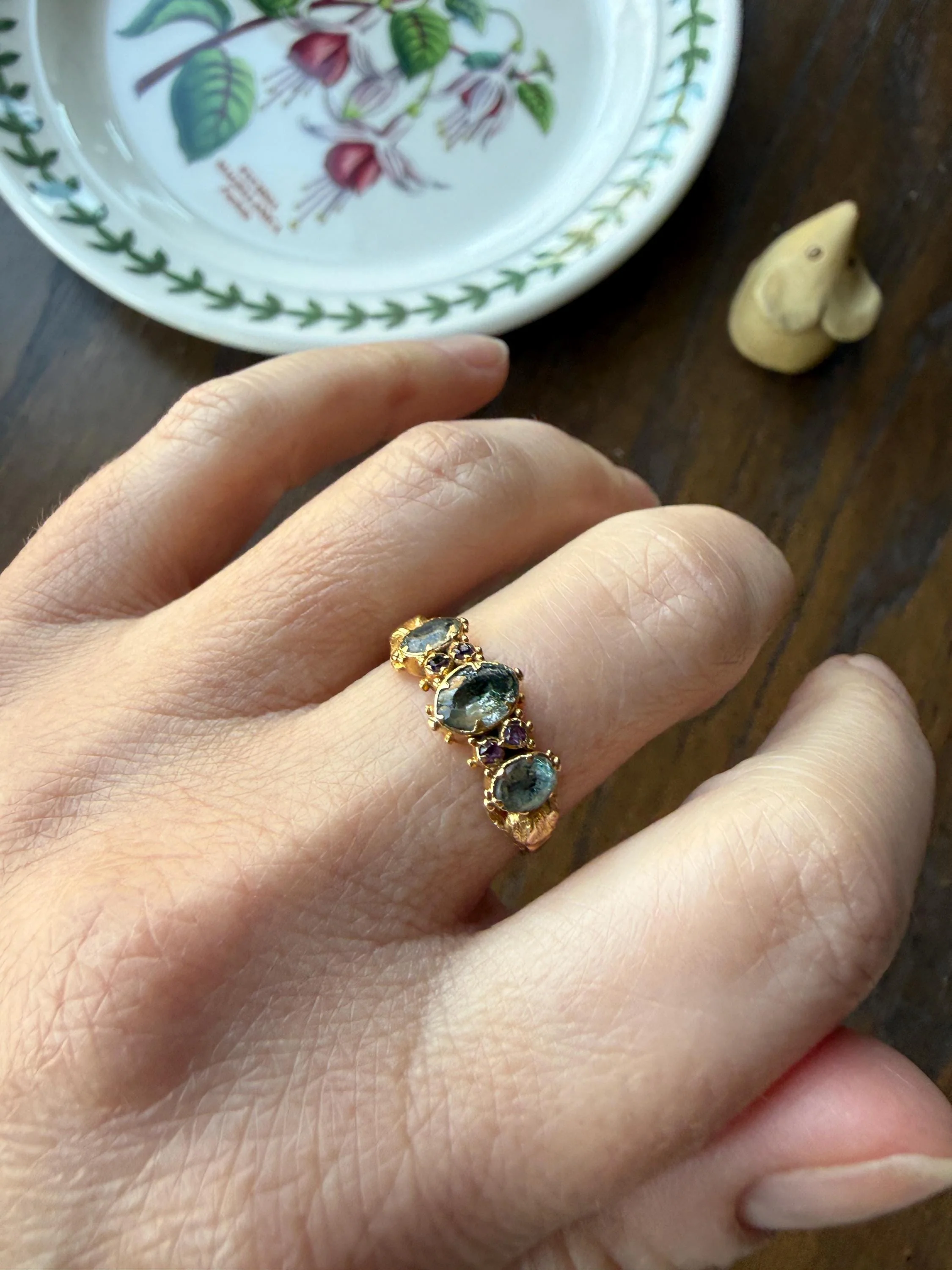 Antique Mossy Seafoam Blue Green Three Stone Georgian Era Ring with Ruby Spacers 18k Gold Solid 360 Engraved Shank Ball Rivet Halos - Image 17