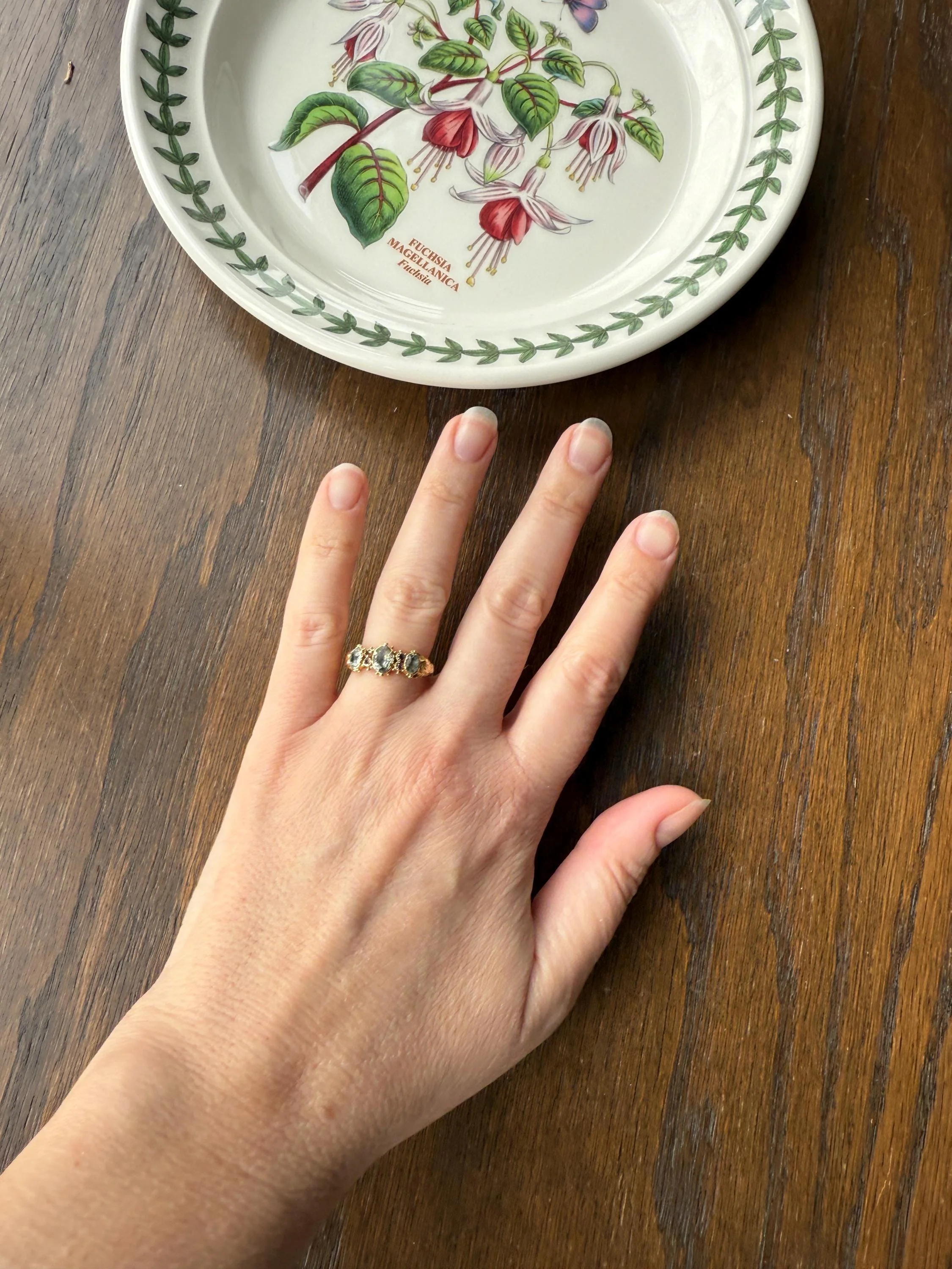 Antique Mossy Seafoam Blue Green Three Stone Georgian Era Ring with Ruby Spacers 18k Gold Solid 360 Engraved Shank Ball Rivet Halos - Image 18