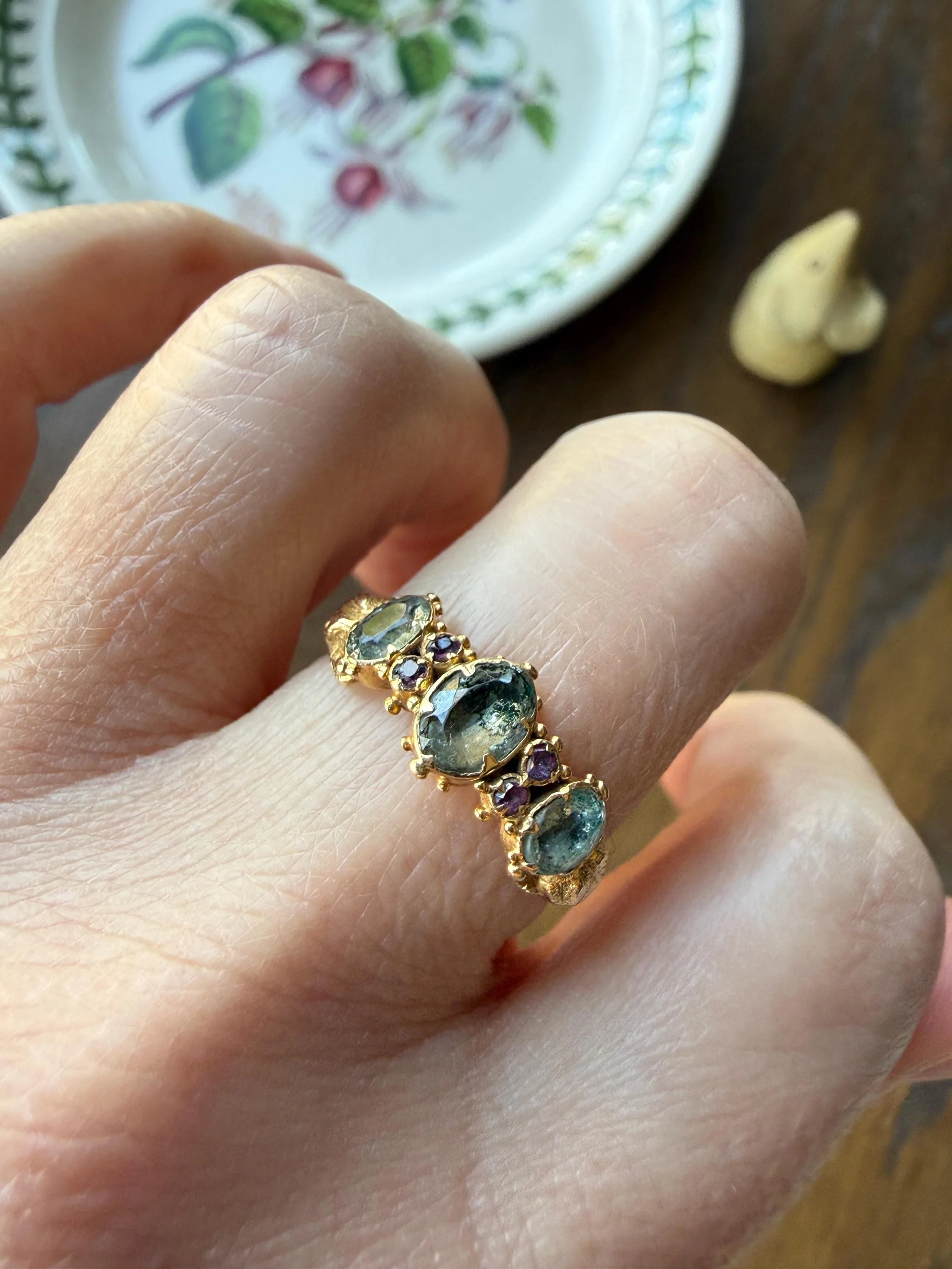 Antique Mossy Seafoam Blue Green Three Stone Georgian Era Ring with Ruby Spacers 18k Gold Solid 360 Engraved Shank Ball Rivet Halos - Image 3