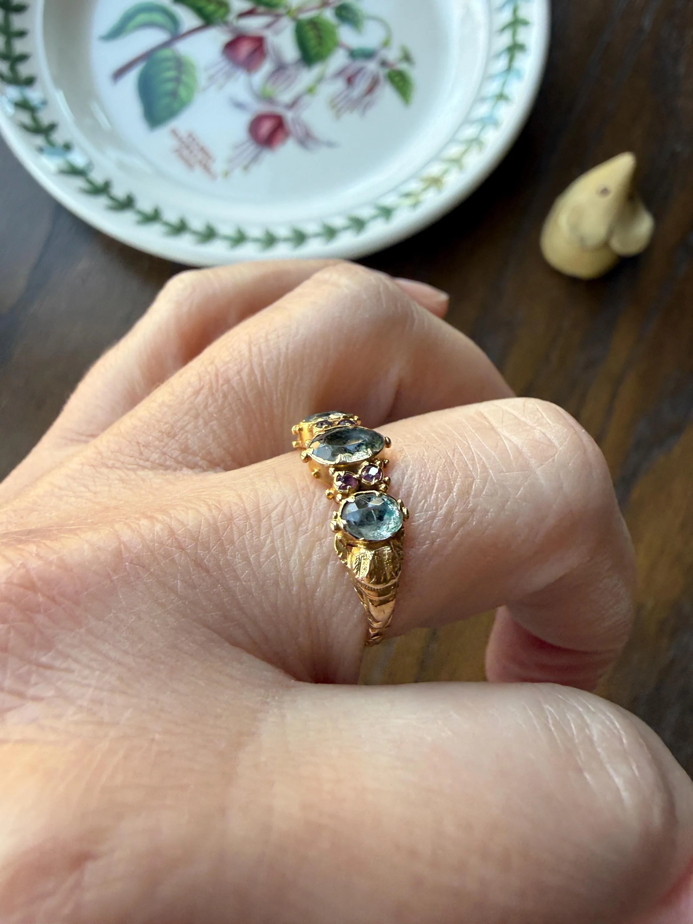 Antique Mossy Seafoam Blue Green Three Stone Georgian Era Ring with Ruby Spacers 18k Gold Solid 360 Engraved Shank Ball Rivet Halos - Image 4