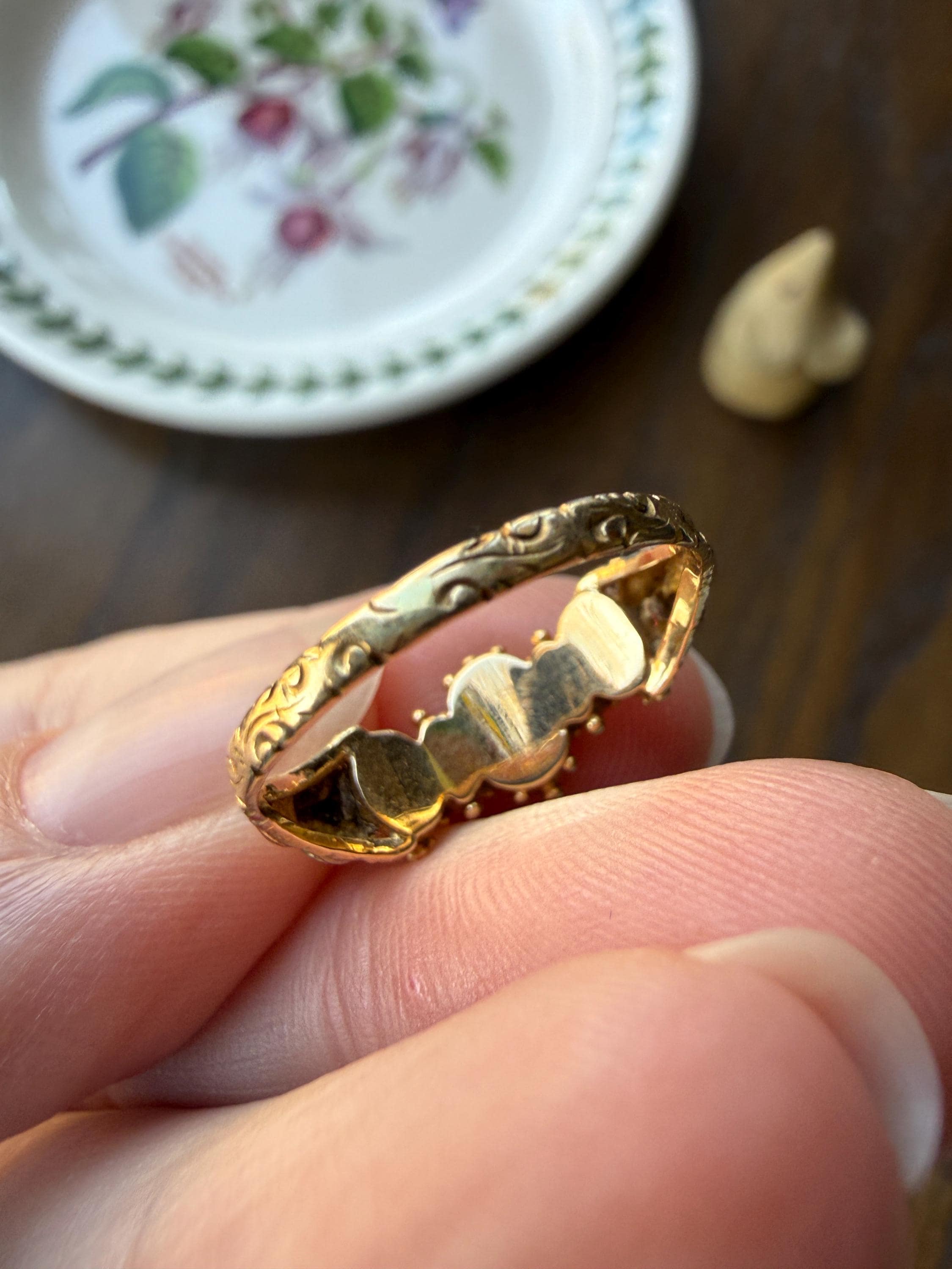 Antique Mossy Seafoam Blue Green Three Stone Georgian Era Ring with Ruby Spacers 18k Gold Solid 360 Engraved Shank Ball Rivet Halos - Image 5