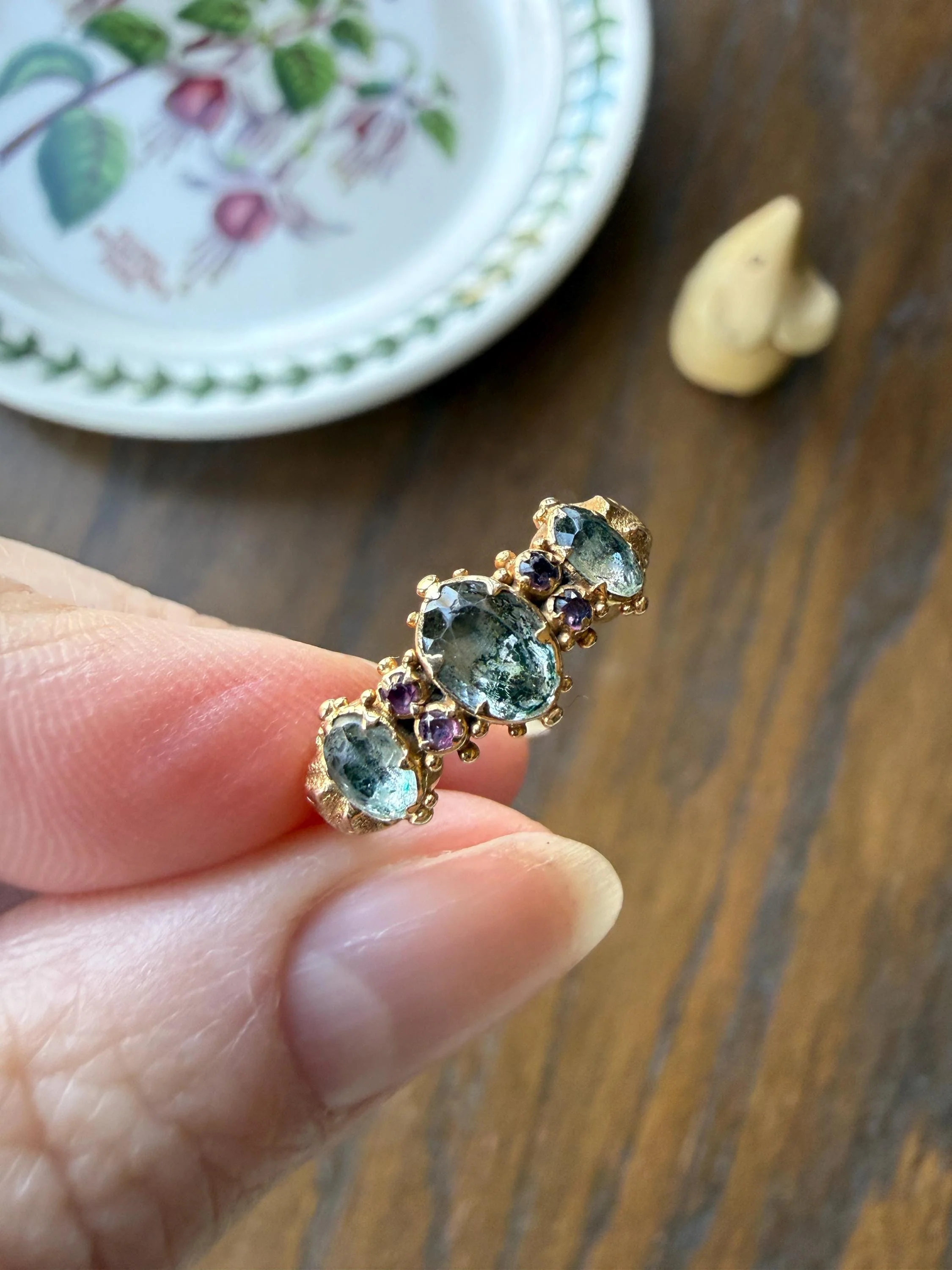 Antique Mossy Seafoam Blue Green Three Stone Georgian Era Ring with Ruby Spacers 18k Gold Solid 360 Engraved Shank Ball Rivet Halos - Image 6