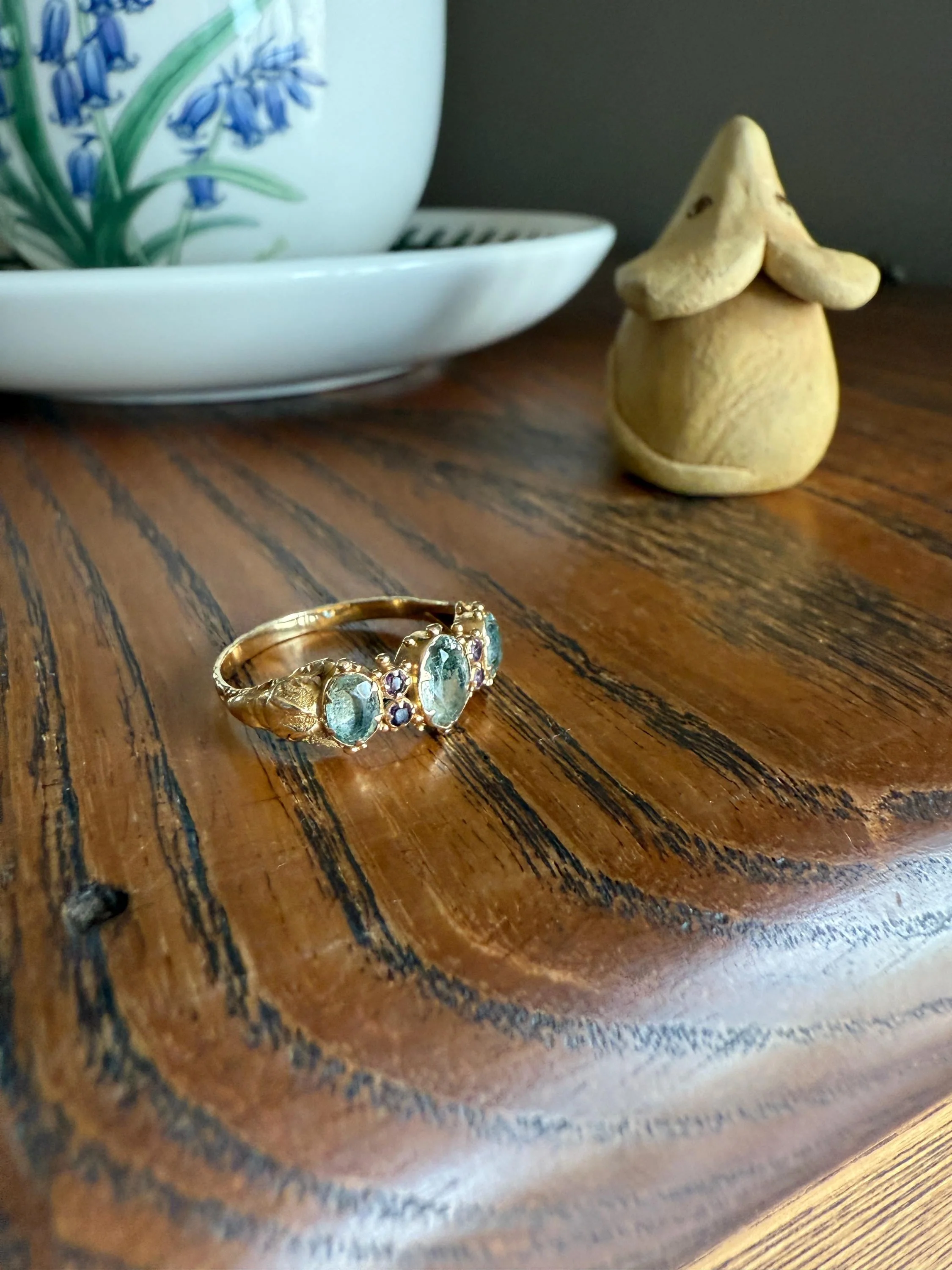 Antique Mossy Seafoam Blue Green Three Stone Georgian Era Ring with Ruby Spacers 18k Gold Solid 360 Engraved Shank Ball Rivet Halos - Image 7