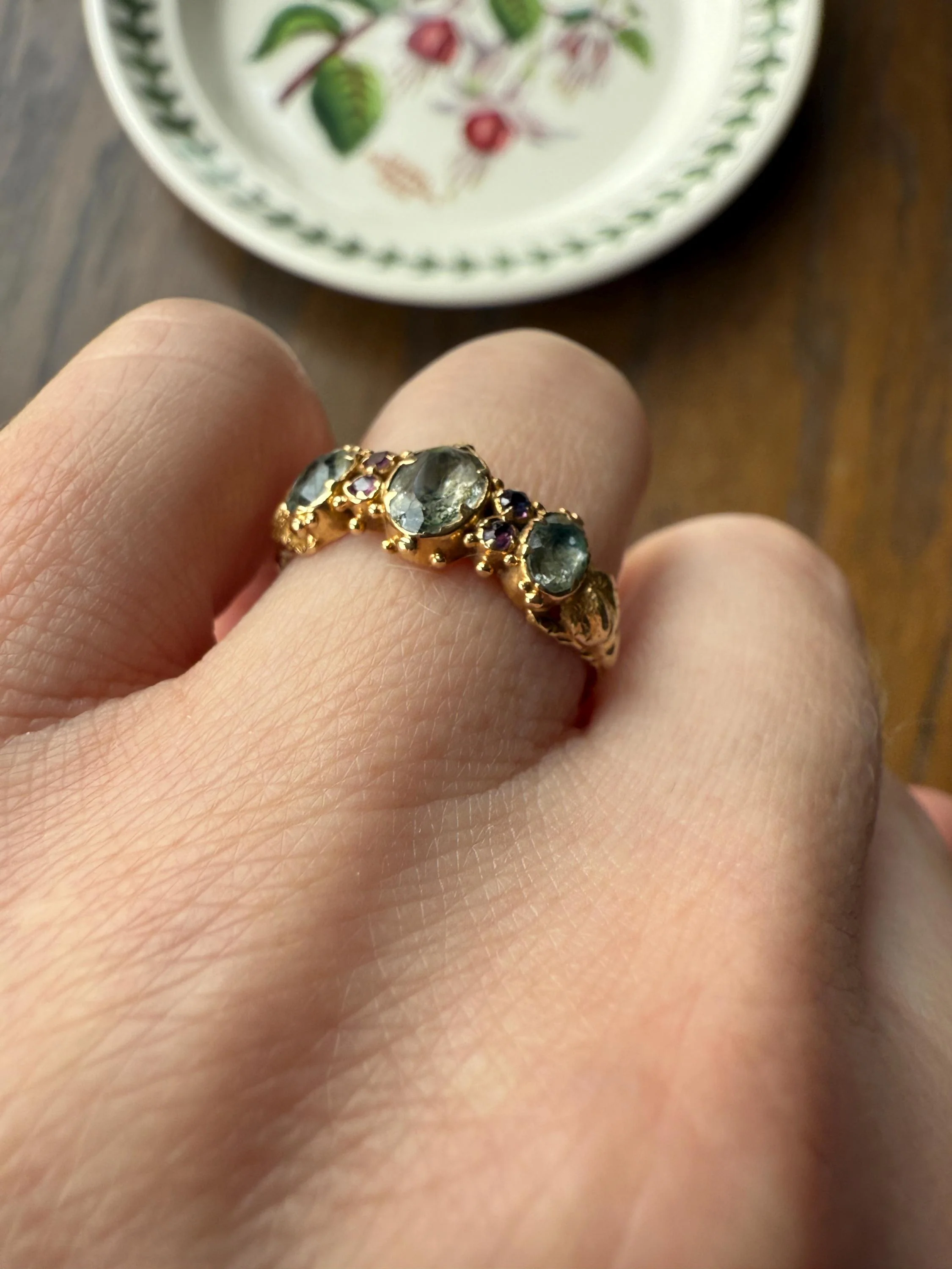 Antique Mossy Seafoam Blue Green Three Stone Georgian Era Ring with Ruby Spacers 18k Gold Solid 360 Engraved Shank Ball Rivet Halos - Image 9