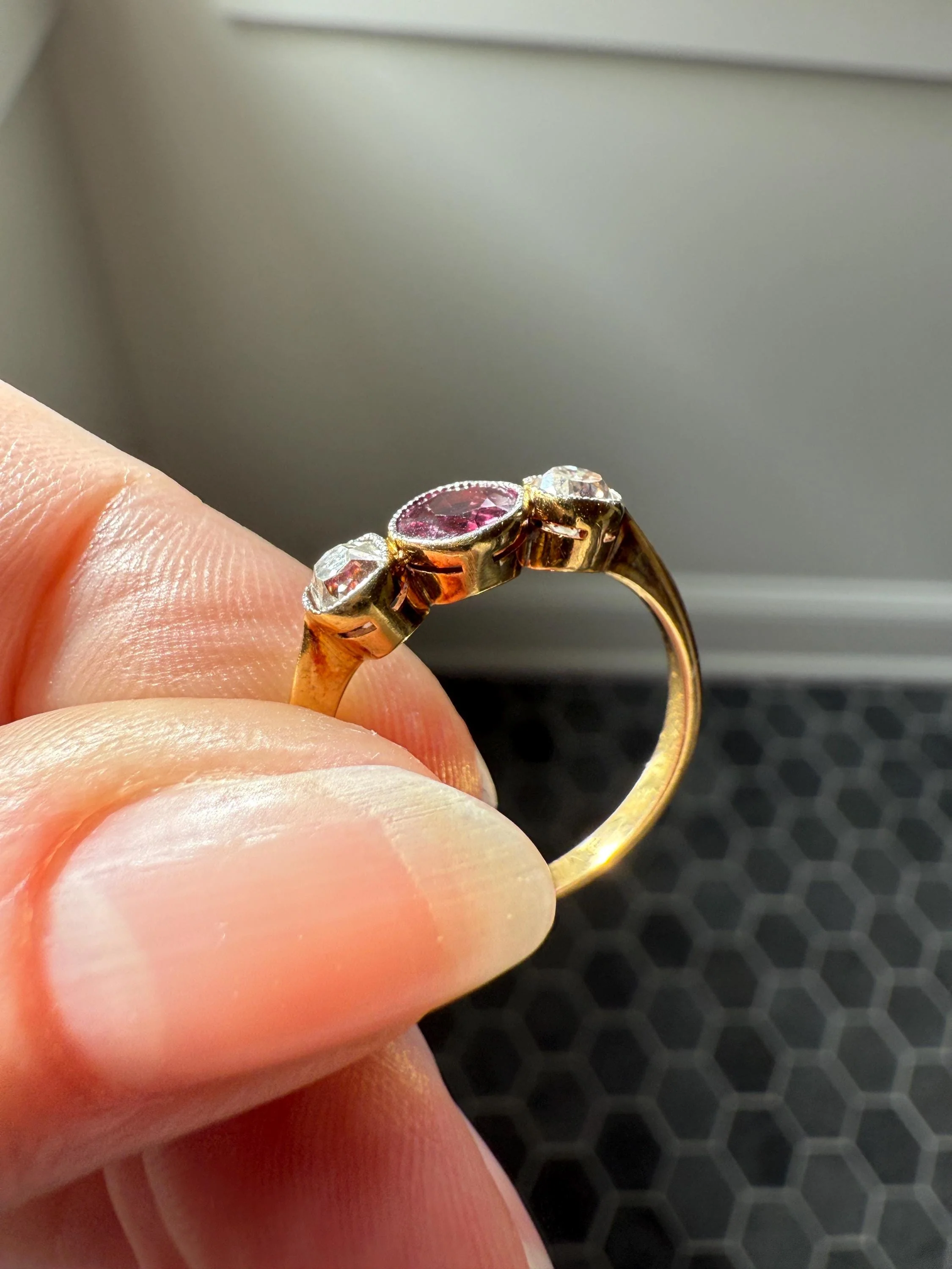Antique Natural Pinkish Red Ruby Old Mine Cut Diamond Three Stone Band 18k Gold Platinum Ring Stacker - Image 10