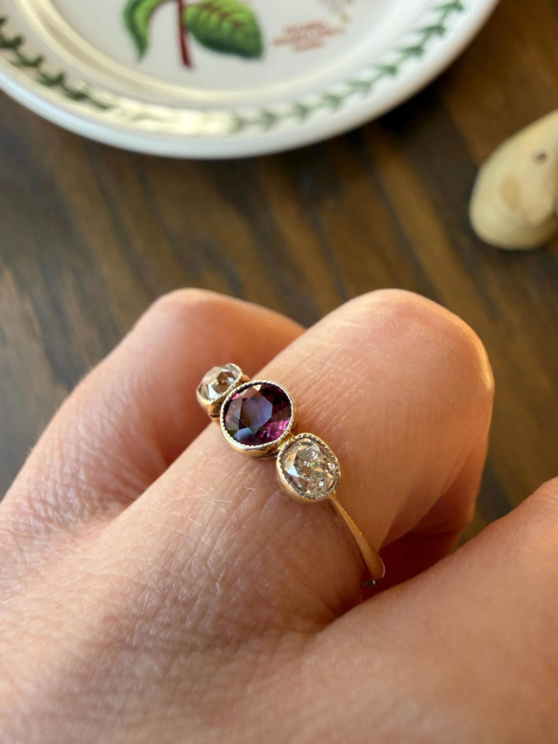 Antique Natural Pinkish Red Ruby Old Mine Cut Diamond Three Stone Band 18k Gold Platinum Ring Stacker - Image 11