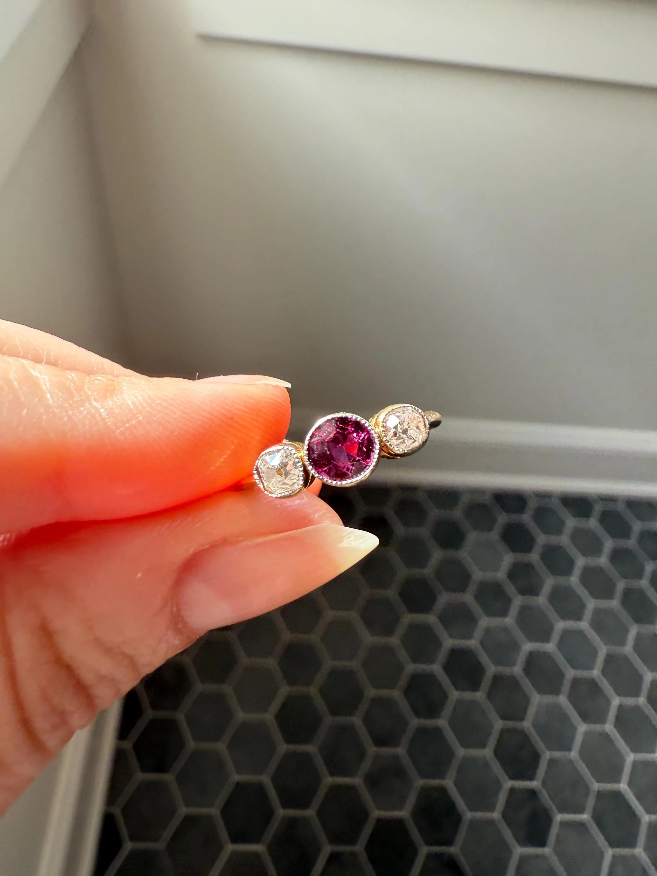 Antique Natural Pinkish Red Ruby Old Mine Cut Diamond Three Stone Band 18k Gold Platinum Ring Stacker - Image 12