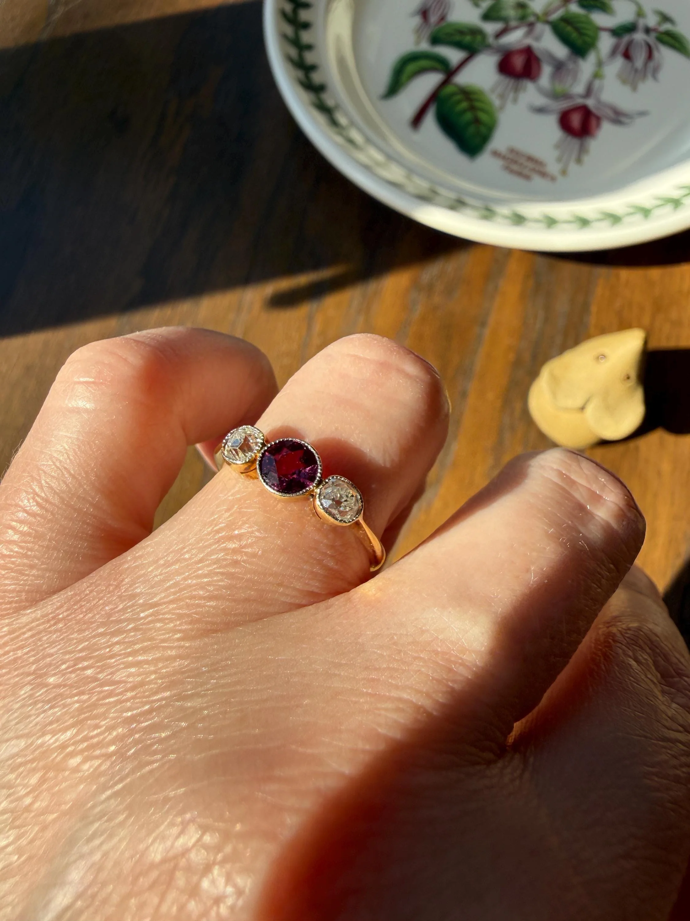 Antique Natural Pinkish Red Ruby Old Mine Cut Diamond Three Stone Band 18k Gold Platinum Ring Stacker - Image 13