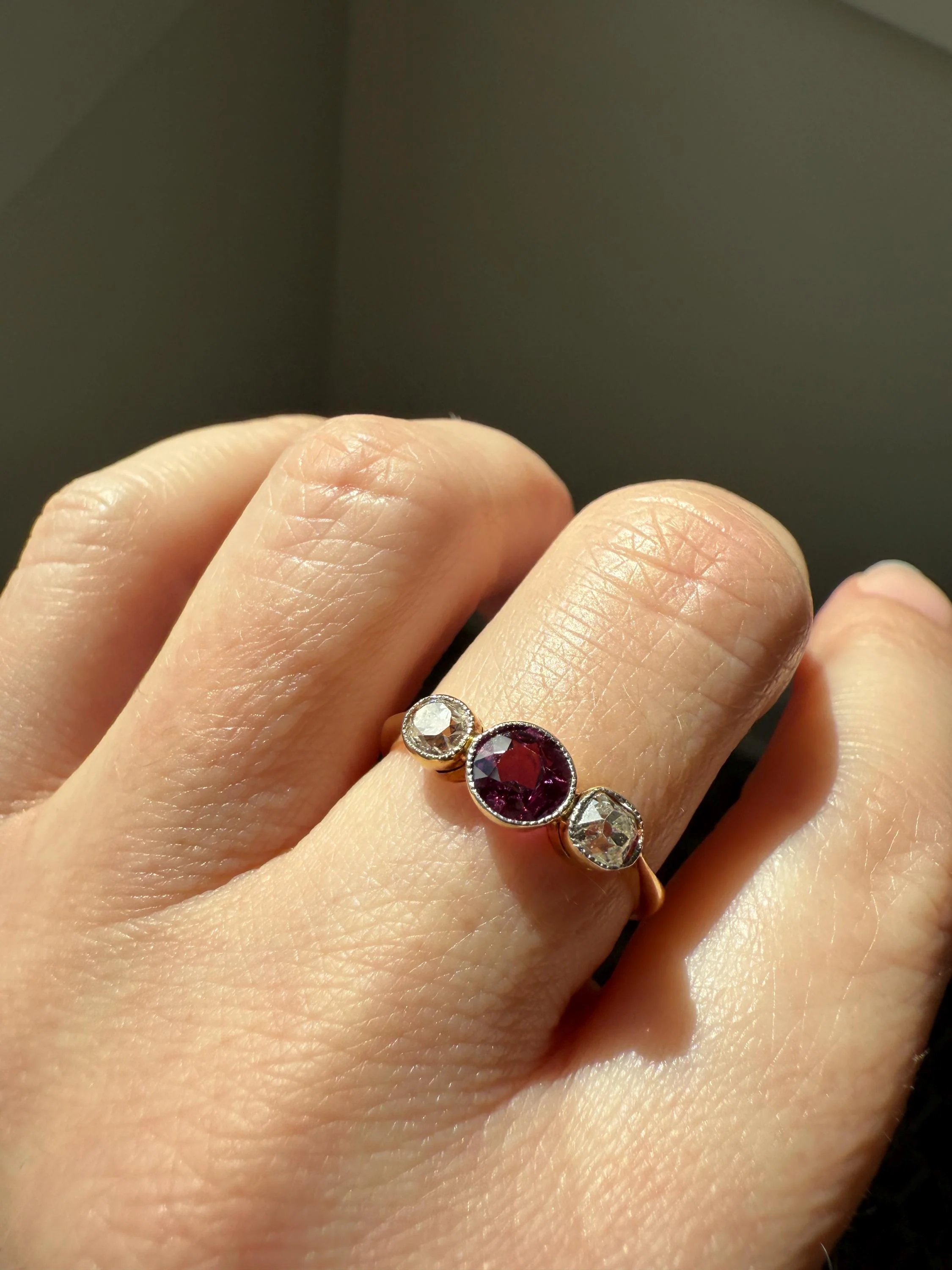 Antique Natural Pinkish Red Ruby Old Mine Cut Diamond Three Stone Band 18k Gold Platinum Ring Stacker - Image 2