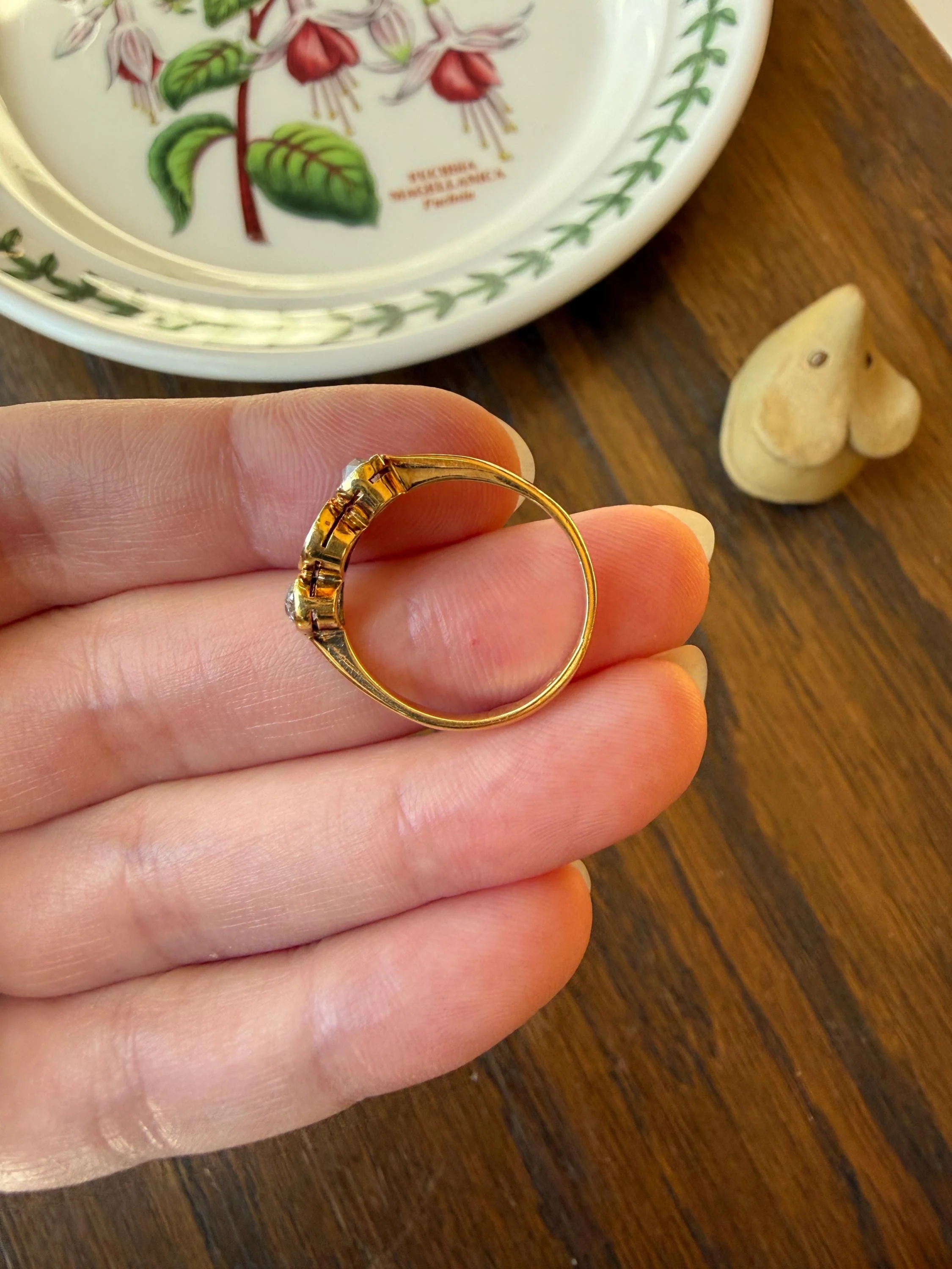 Antique Natural Pinkish Red Ruby Old Mine Cut Diamond Three Stone Band 18k Gold Platinum Ring Stacker - Image 20