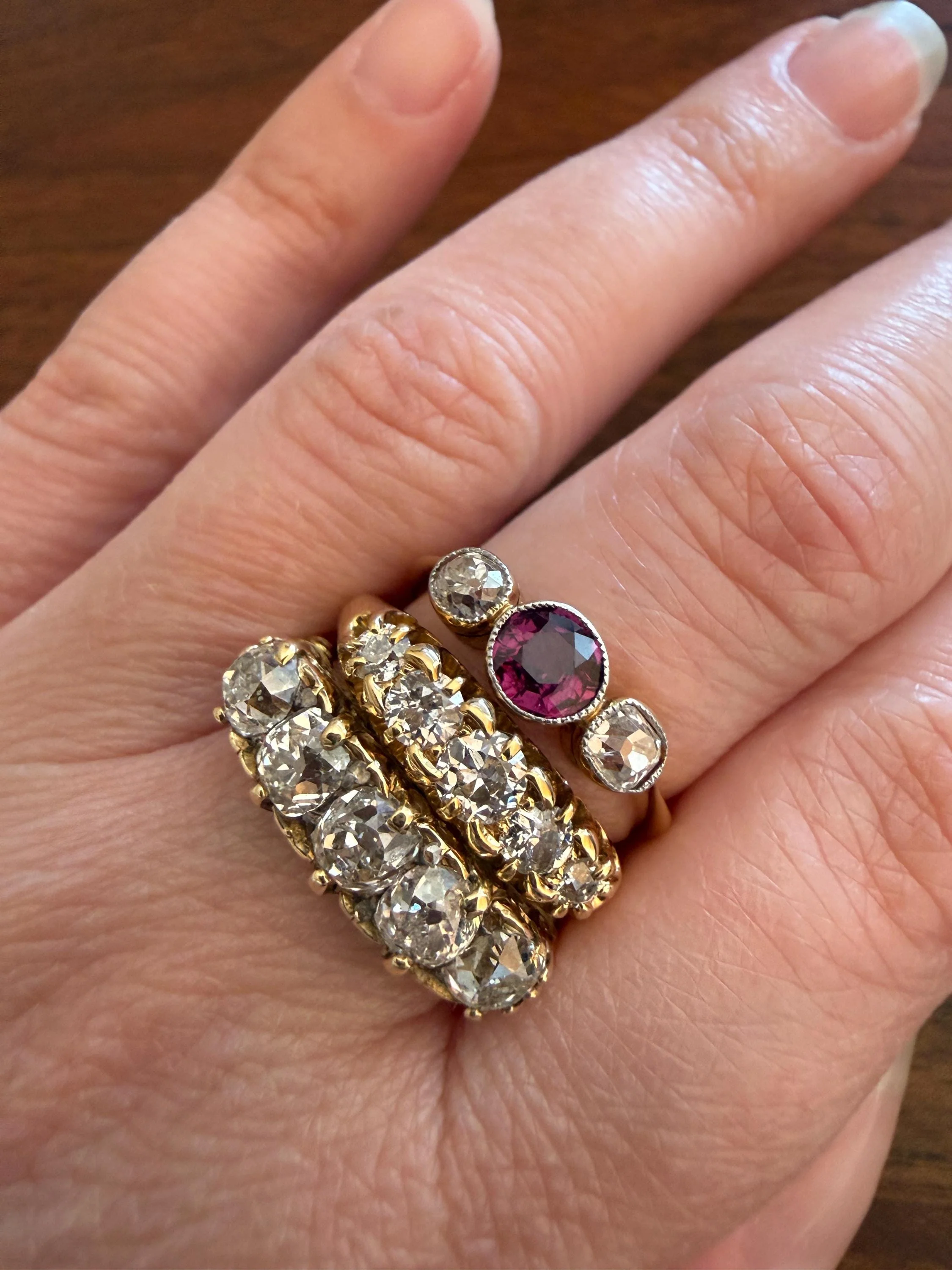 Antique Natural Pinkish Red Ruby Old Mine Cut Diamond Three Stone Band 18k Gold Platinum Ring Stacker - Image 3
