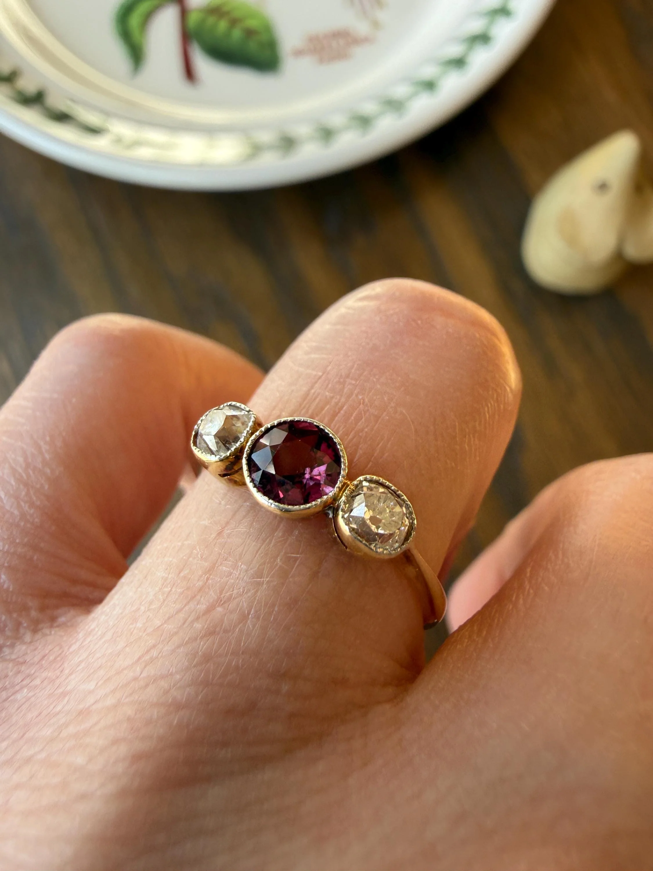Antique Natural Pinkish Red Ruby Old Mine Cut Diamond Three Stone Band 18k Gold Platinum Ring Stacker - Image 5