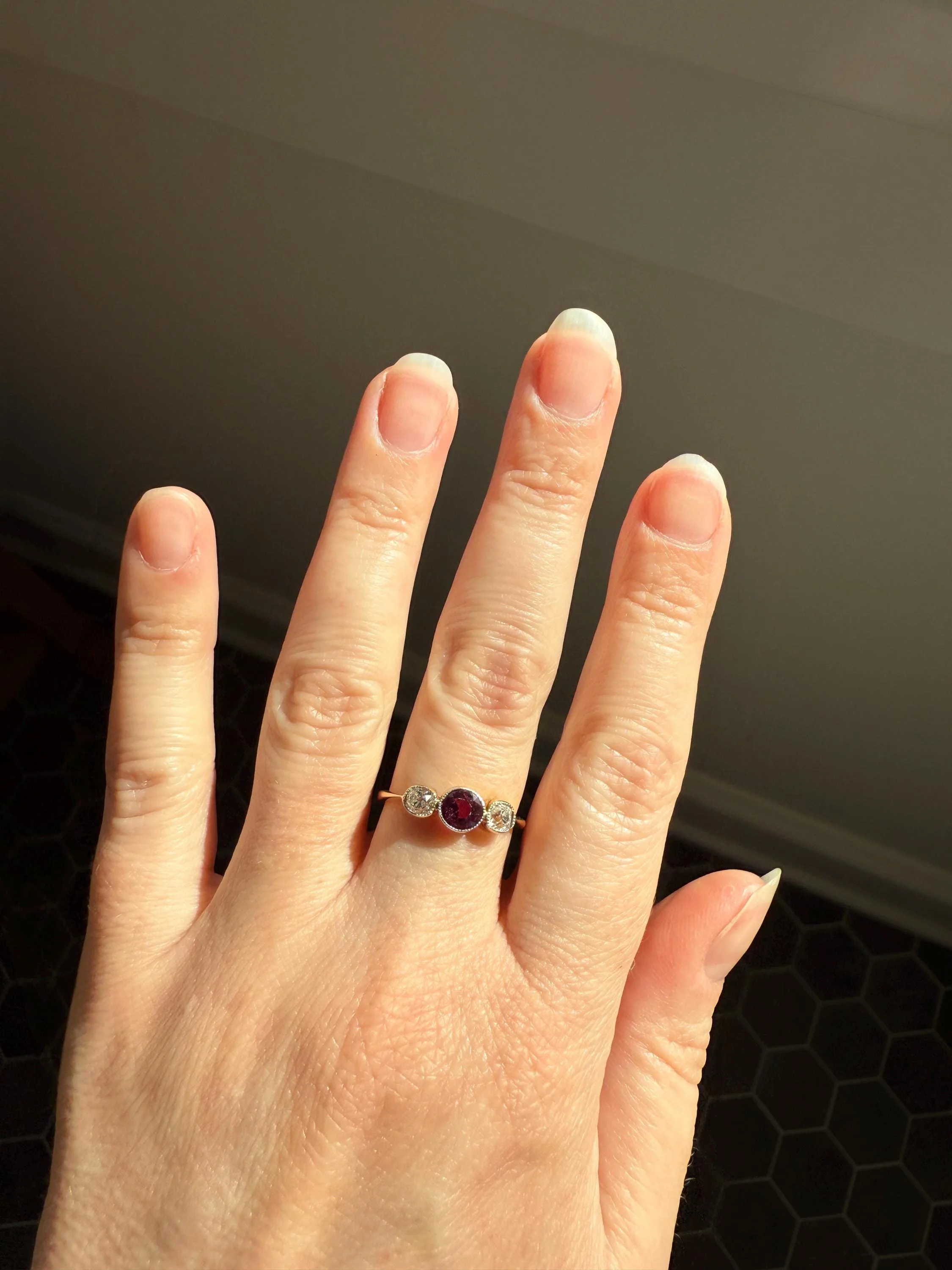 Antique Natural Pinkish Red Ruby Old Mine Cut Diamond Three Stone Band 18k Gold Platinum Ring Stacker - Image 6