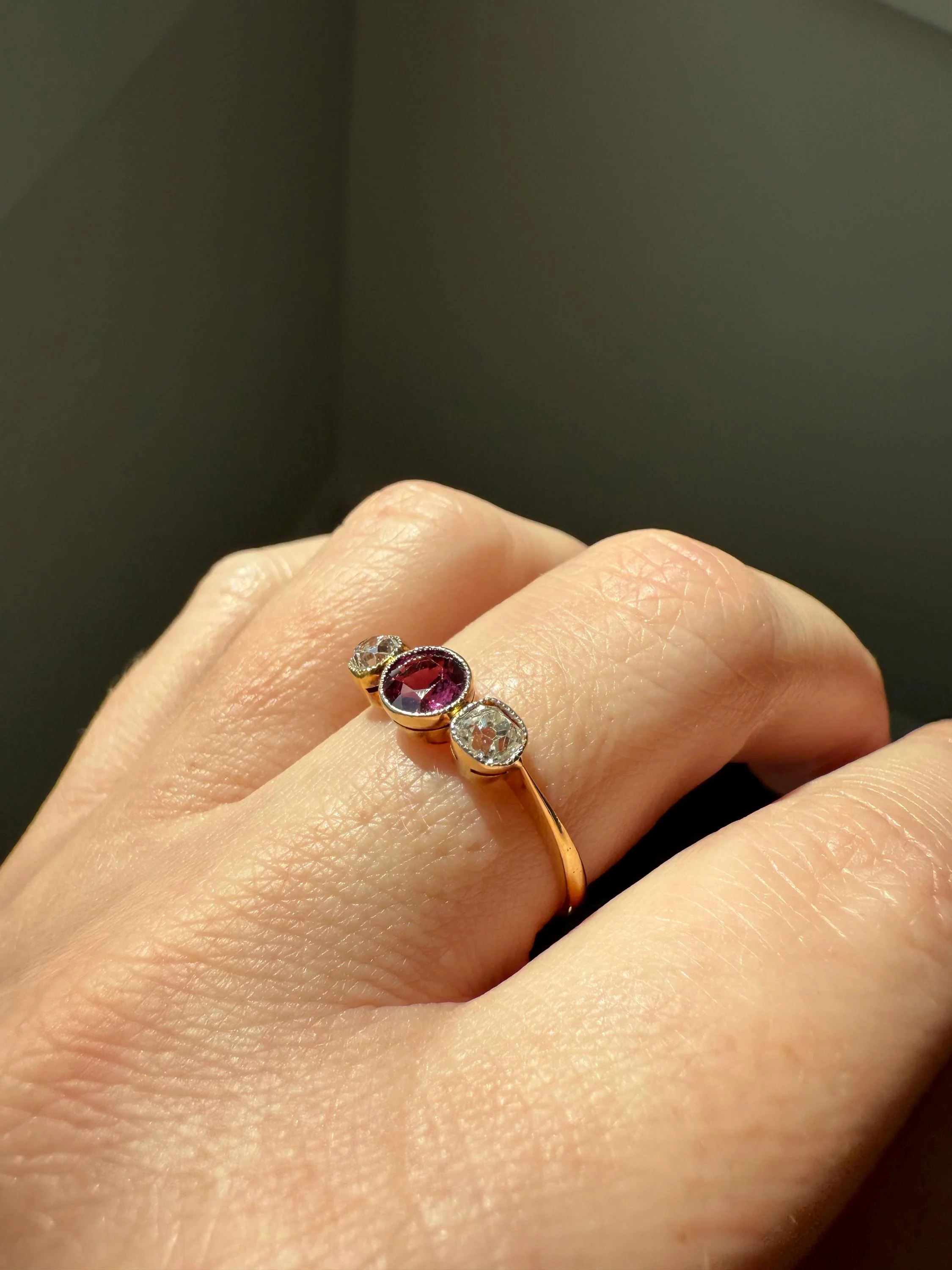 Antique Natural Pinkish Red Ruby Old Mine Cut Diamond Three Stone Band 18k Gold Platinum Ring Stacker - Image 9