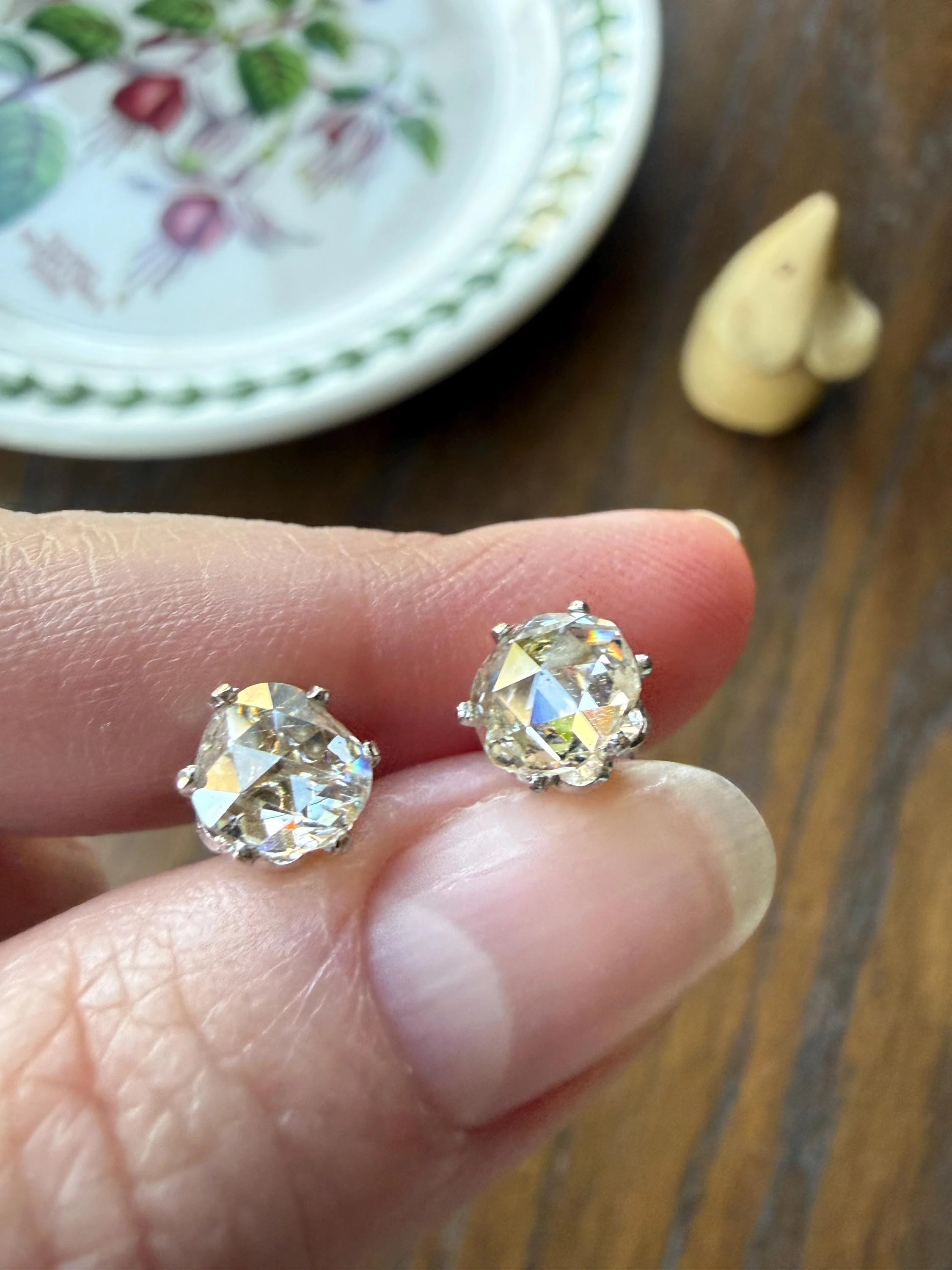 Antique Natural Rose Cut DIAMOND Stud EARRINGS 2 Carats Face Up 14k White Gold Solid Large Open Back - Image 10