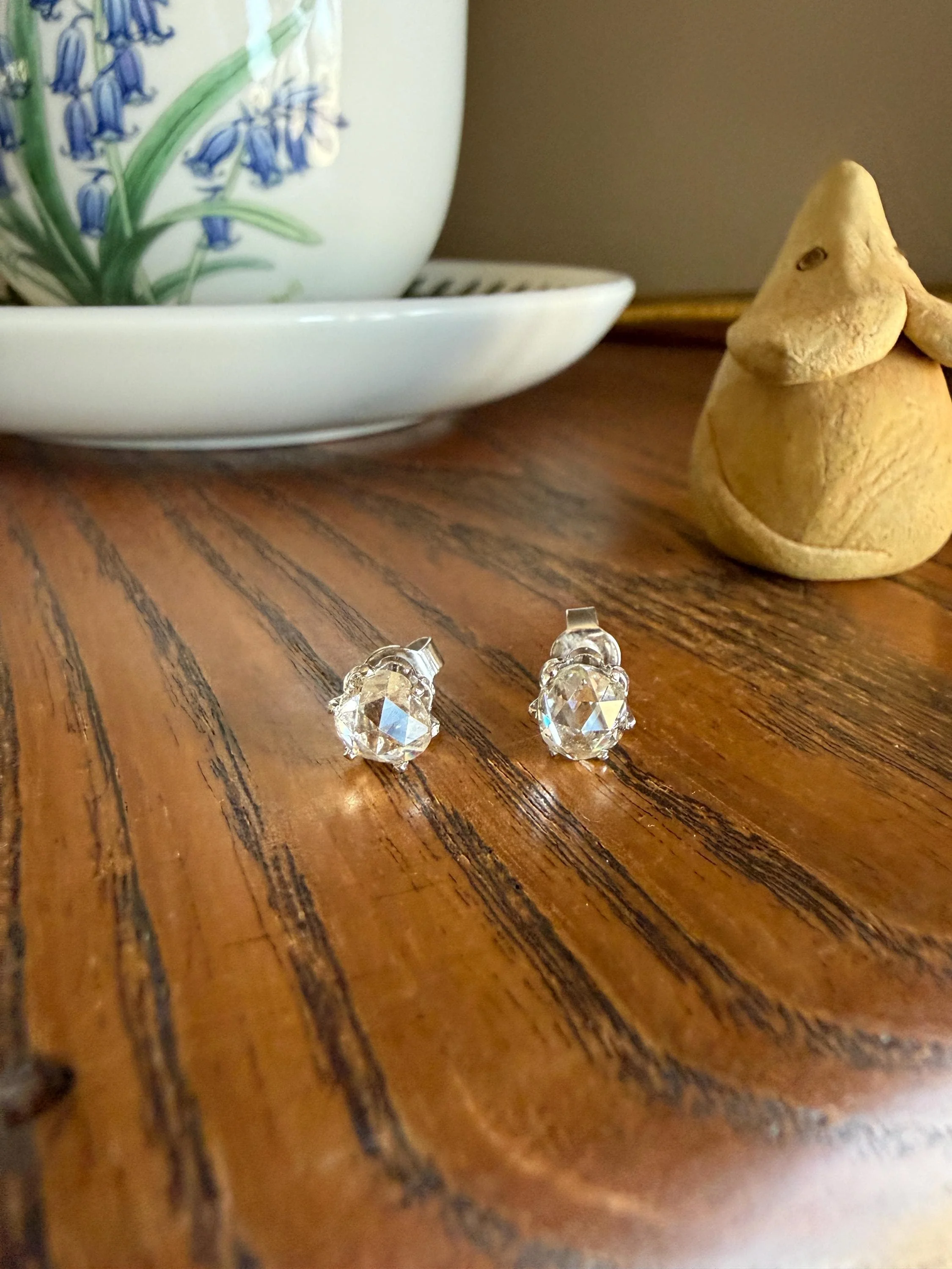 Antique Natural Rose Cut DIAMOND Stud EARRINGS 2 Carats Face Up 14k White Gold Solid Large Open Back - Image 11