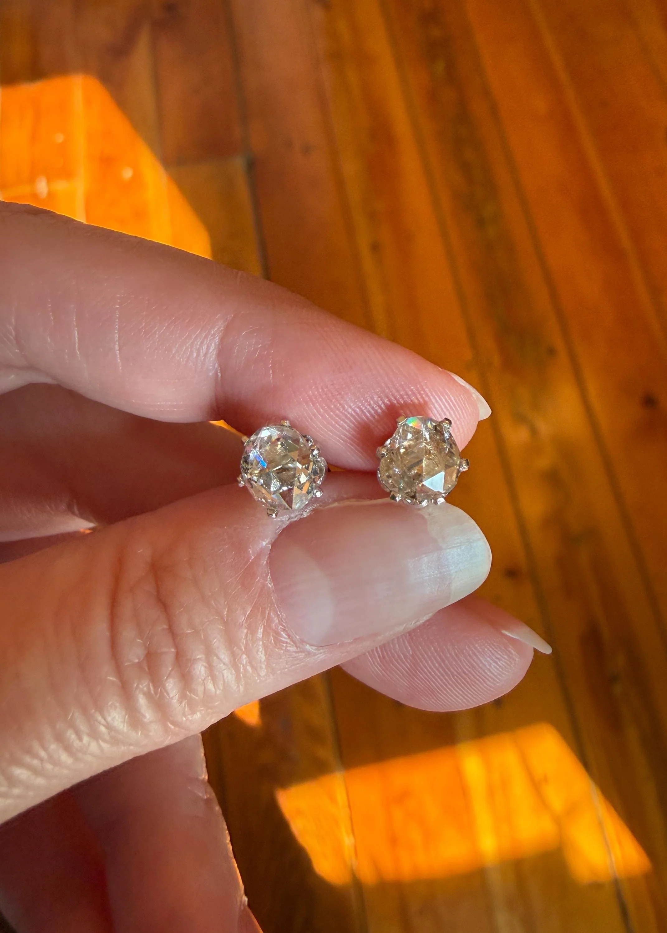 Antique Natural Rose Cut DIAMOND Stud EARRINGS 2 Carats Face Up 14k White Gold Solid Large Open Back - Image 12