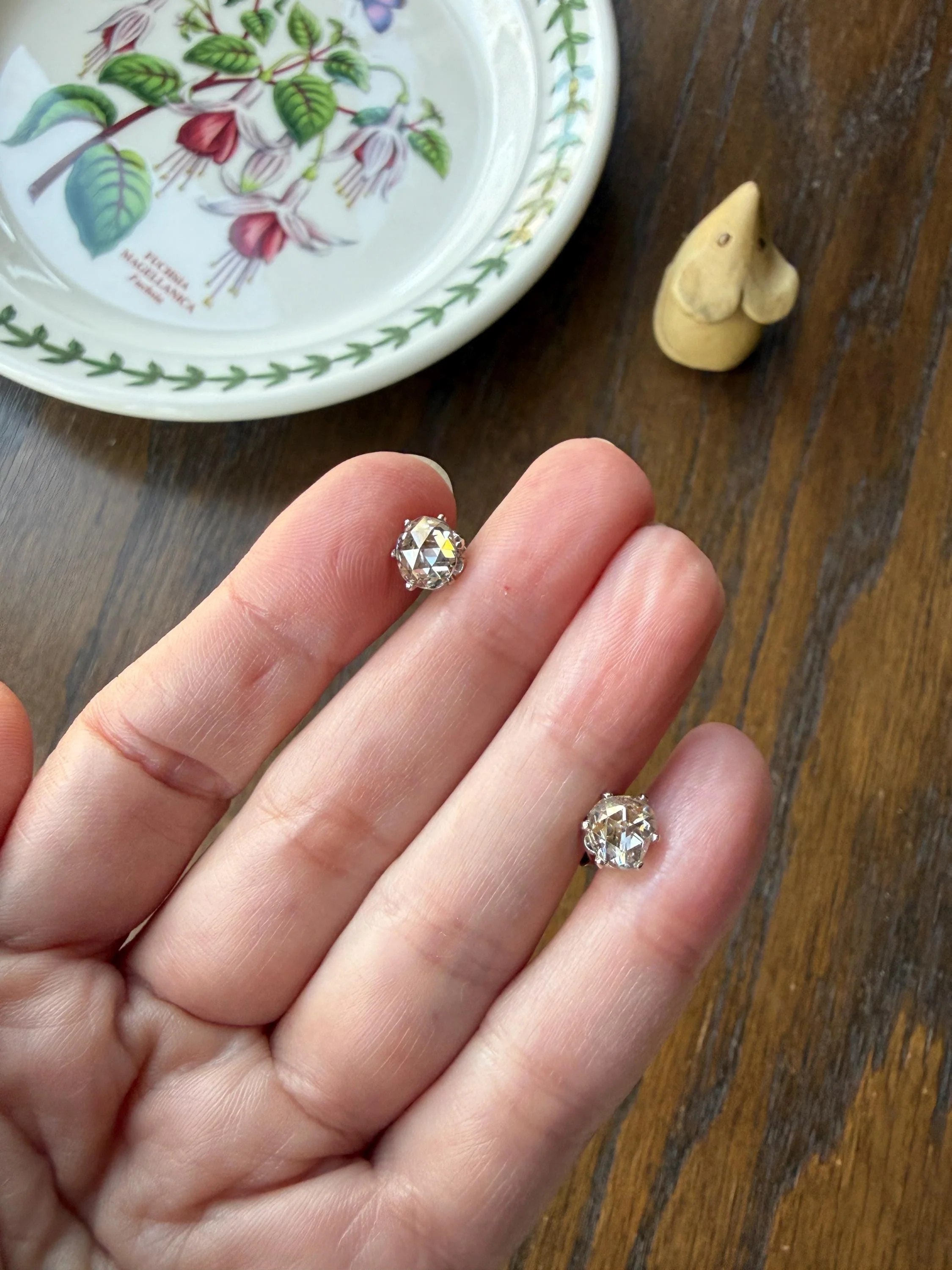 Antique Natural Rose Cut DIAMOND Stud EARRINGS 2 Carats Face Up 14k White Gold Solid Large Open Back - Image 17
